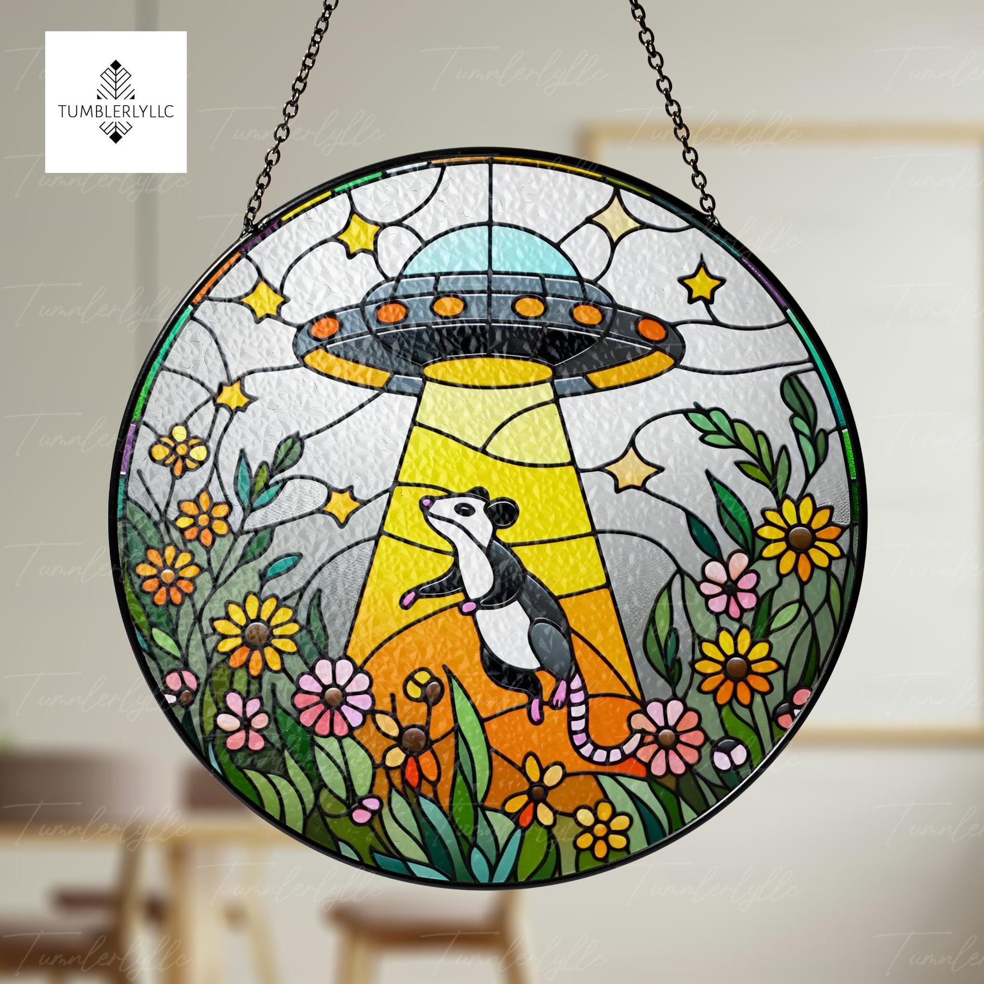 Funny Ufo Abducted opossum glass hanging, Funny ufo wildflower suncatcher, Funny possum meme,  quirky home decoration