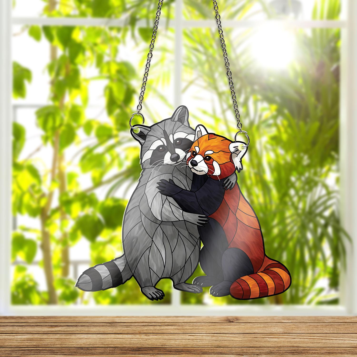 Raccoon Hugging Red Panda ACRYLIC Window Hanging, Animal Lover Decor, Animal Gift,Raccoon Gift, Cute Red Panda, Gift For Friend, Bestis Gift