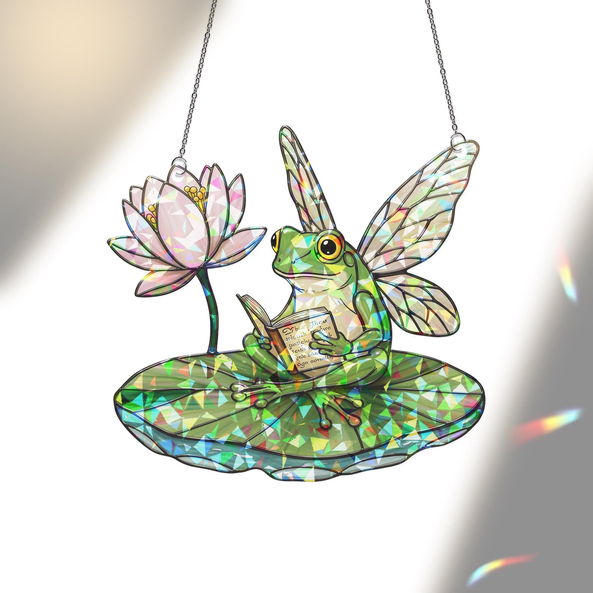 Fairy Frog Read Book Hologram Suncatcher Window Hanging, Faux Stained Glass Decor for Reading Lovers, Unique Gift Idea reading room decor