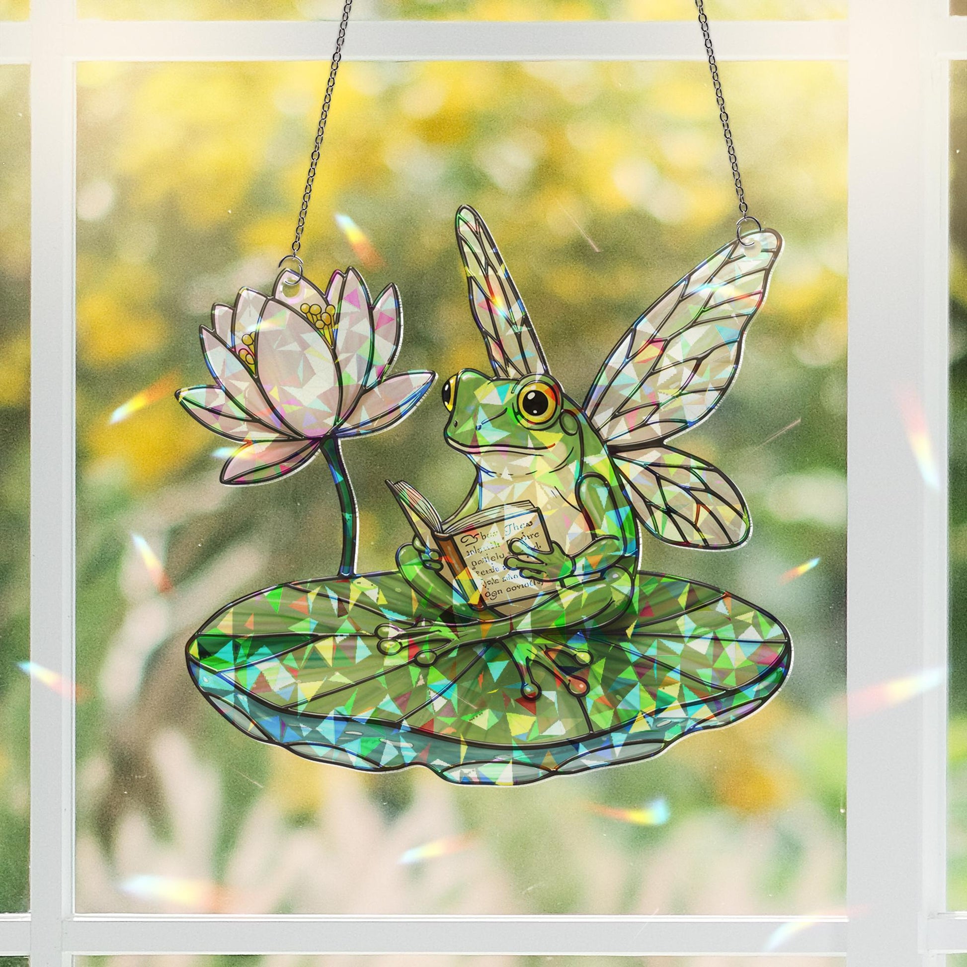 Fairy Frog Read Book Hologram Suncatcher Window Hanging, Faux Stained Glass Decor for Reading Lovers, Unique Gift Idea reading room decor