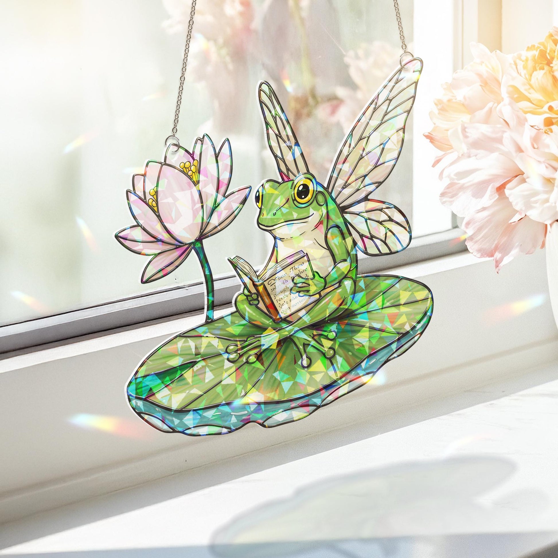 Fairy Frog Read Book Hologram Suncatcher Window Hanging, Faux Stained Glass Decor for Reading Lovers, Unique Gift Idea reading room decor