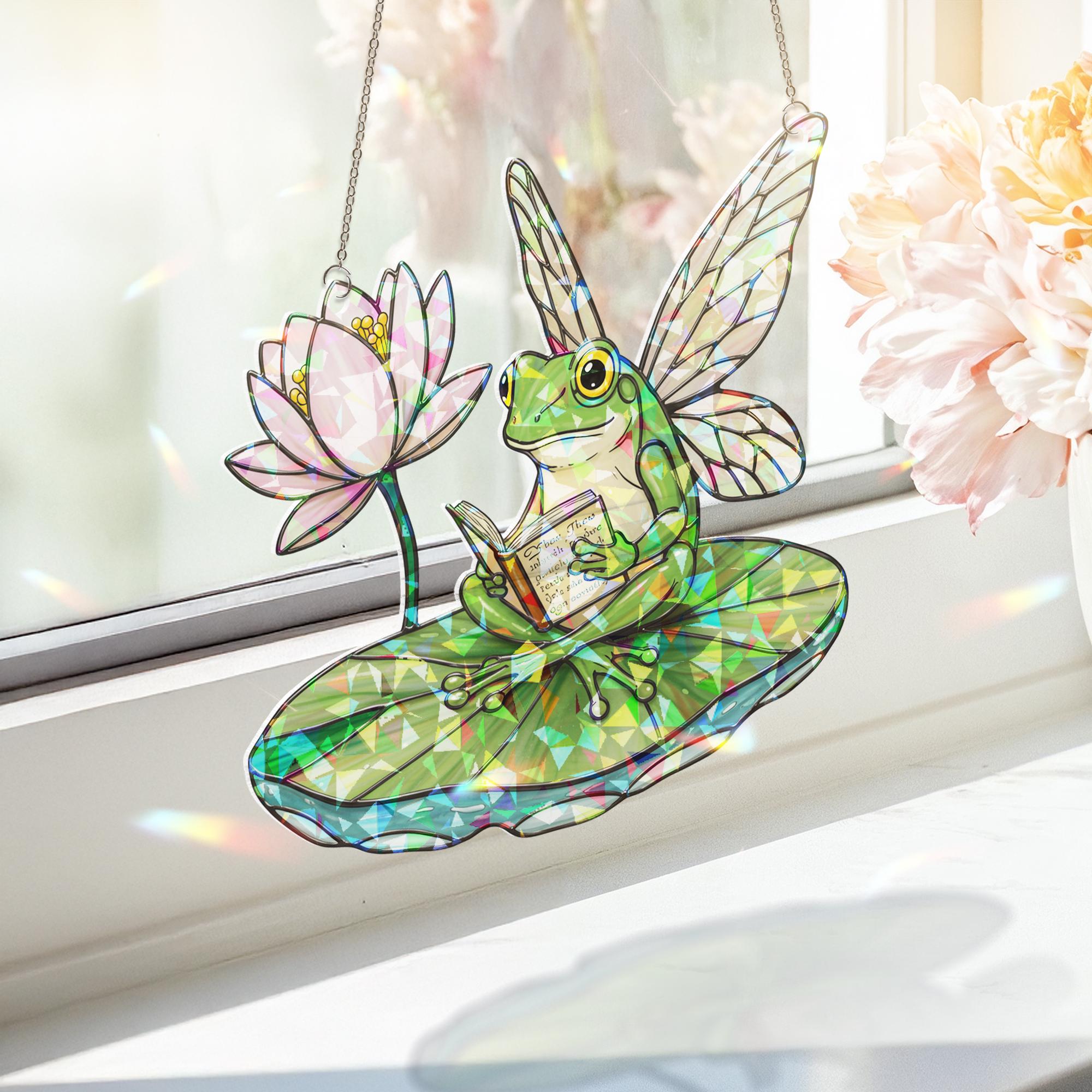 Fairy Frog Read Book Hologram Suncatcher Window Hanging, Faux Stained Glass Decor for Reading Lovers, Unique Gift Idea reading room decor