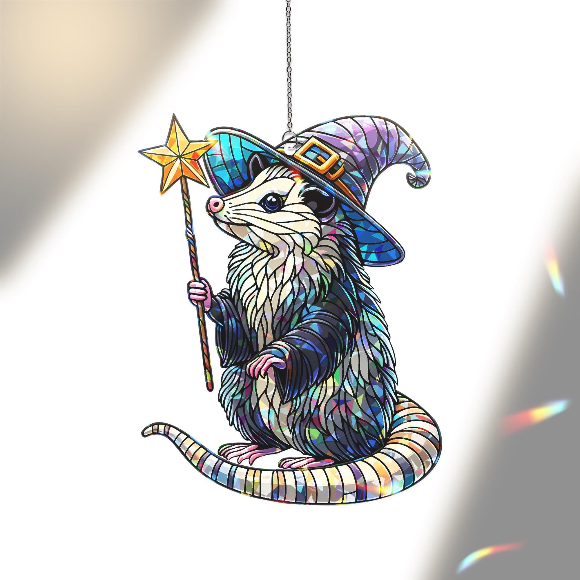 Witchy Opossum Hologram Window Hanging, Quirky Wizard Possum Suncatcher, Perfect Gift for Witchy Home Decor, possum lover gift