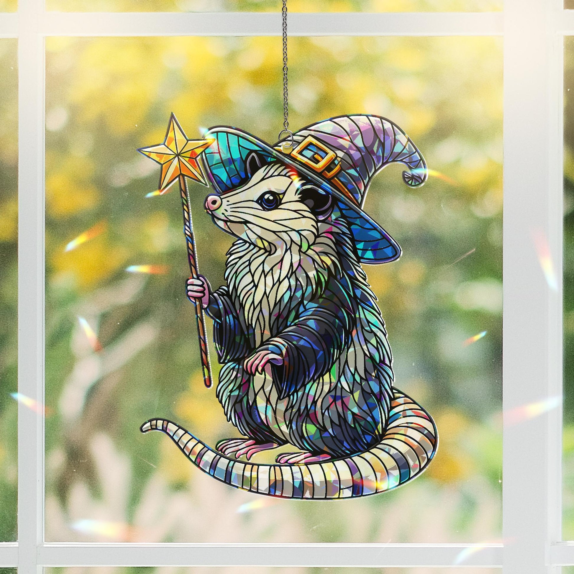 Witchy Opossum Hologram Window Hanging, Quirky Wizard Possum Suncatcher, Perfect Gift for Witchy Home Decor, possum lover gift
