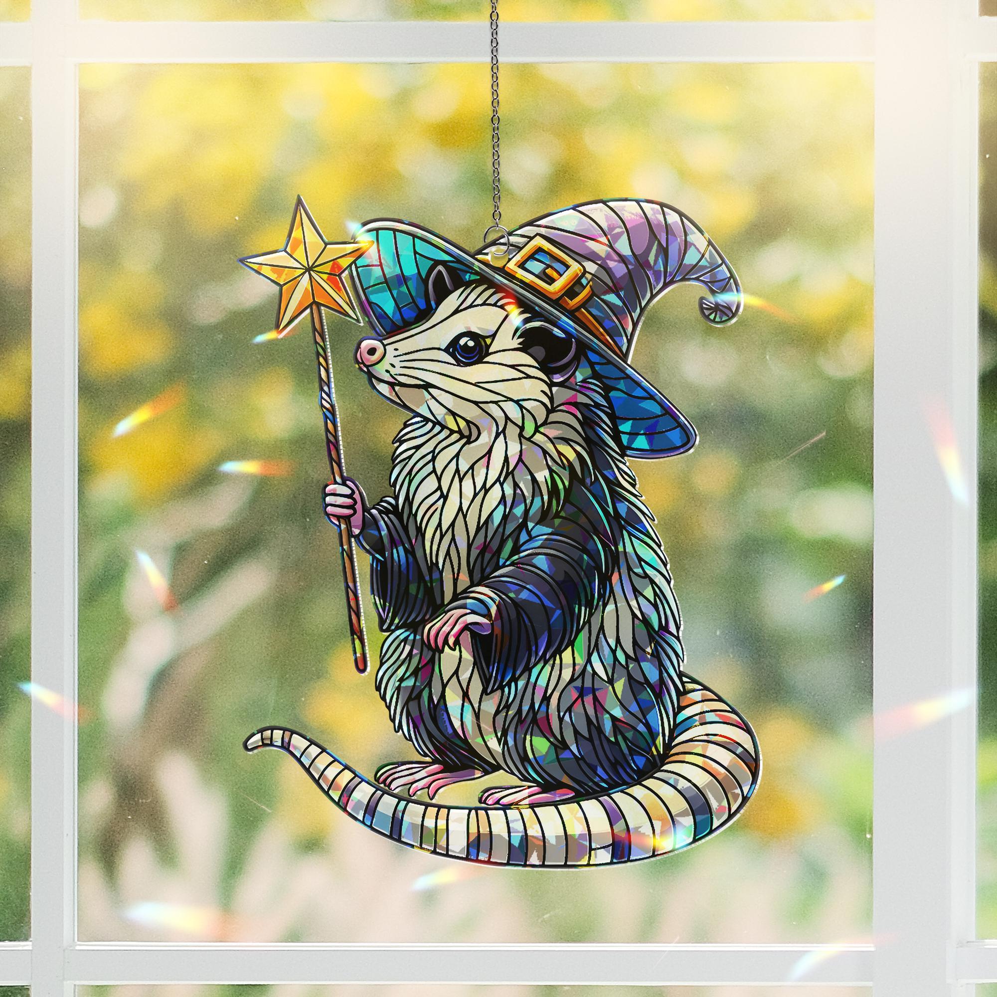 Witchy Opossum Hologram Window Hanging, Quirky Wizard Possum Suncatcher, Perfect Gift for Witchy Home Decor, possum lover gift