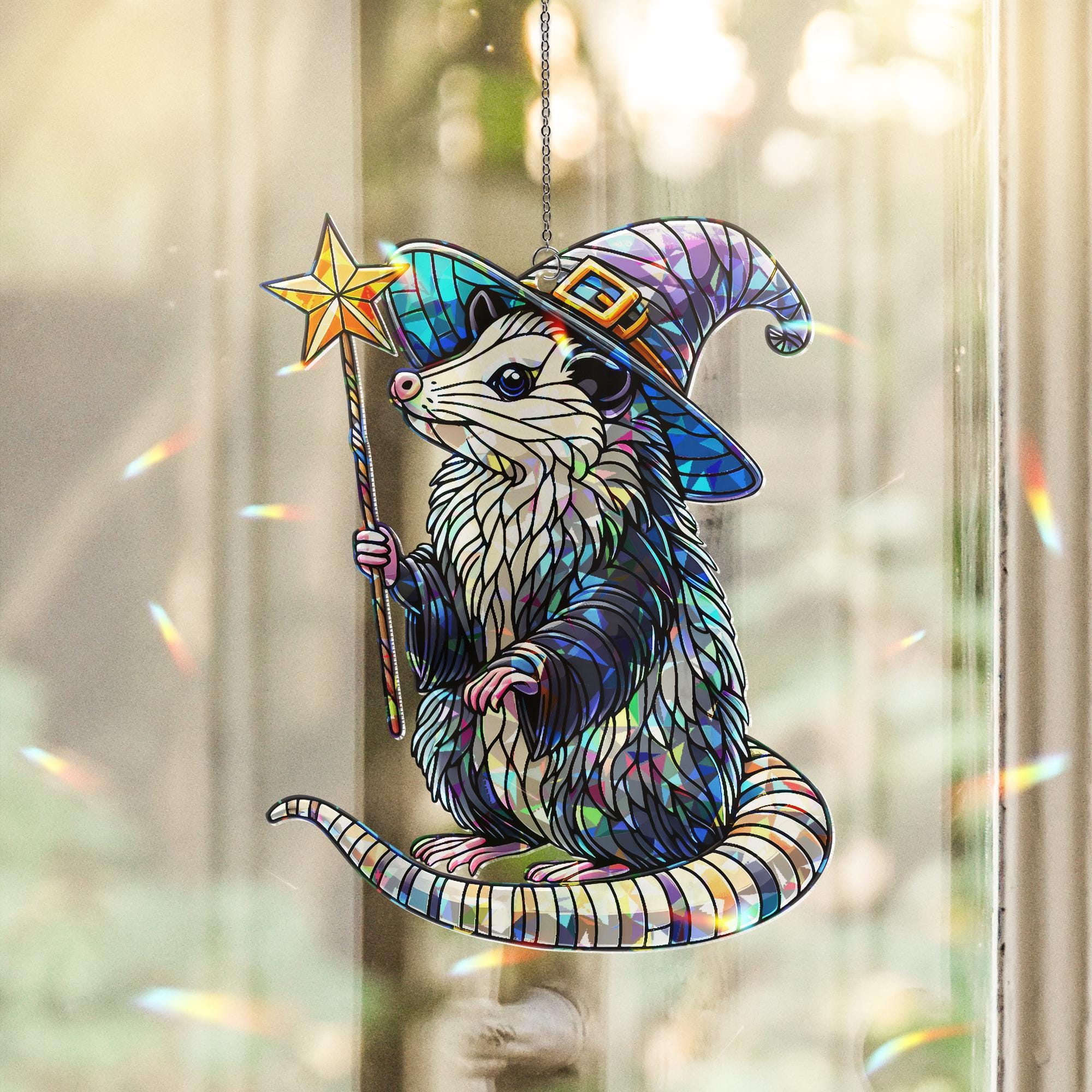 Witchy Opossum Hologram Window Hanging, Quirky Wizard Possum Suncatcher, Perfect Gift for Witchy Home Decor, possum lover gift