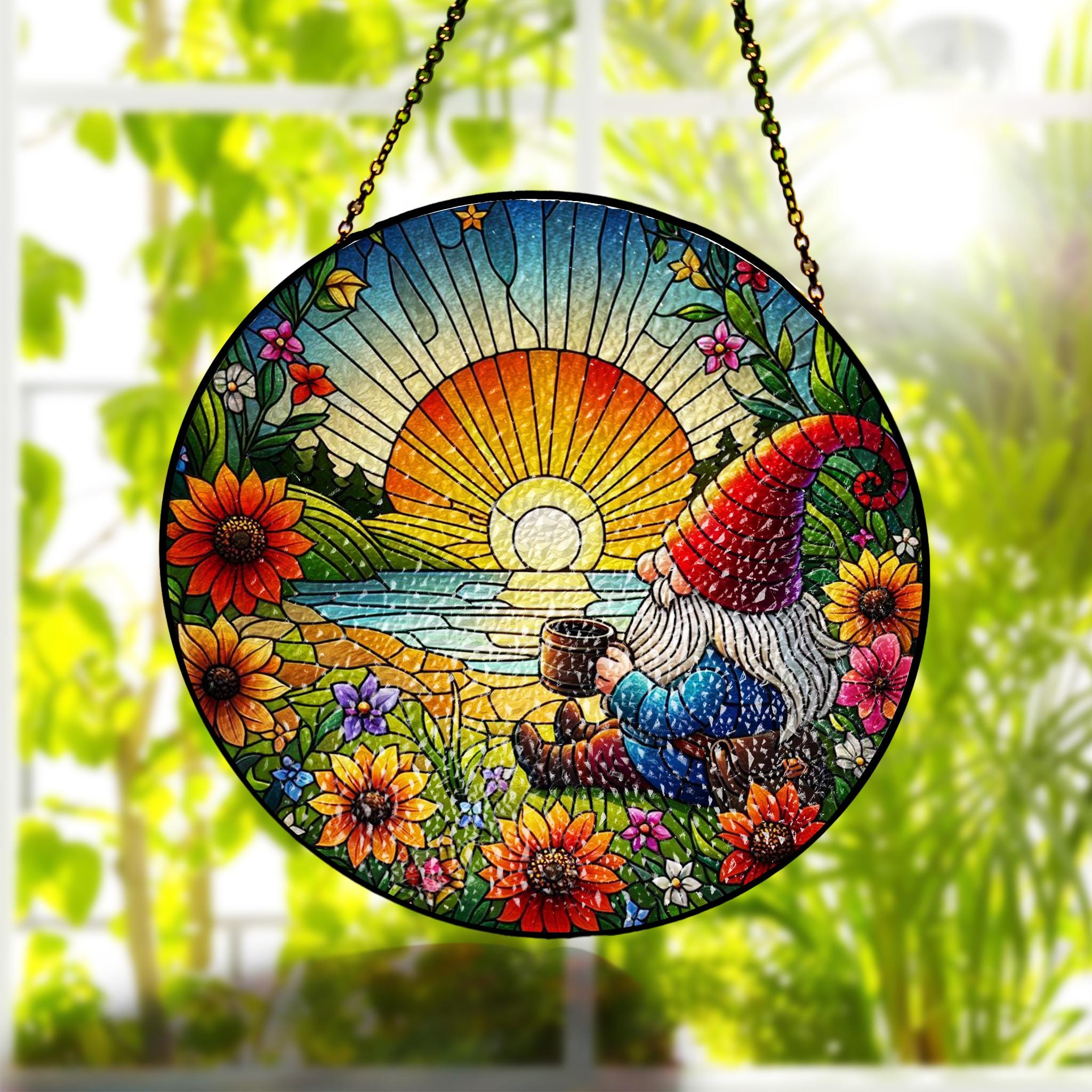Gnome Drink Coffee Sunset Glass Hanging, Whimsical Coffee Shop Decor, Charming Gnome Lover Gift, Suncatcher Ornament for Moms