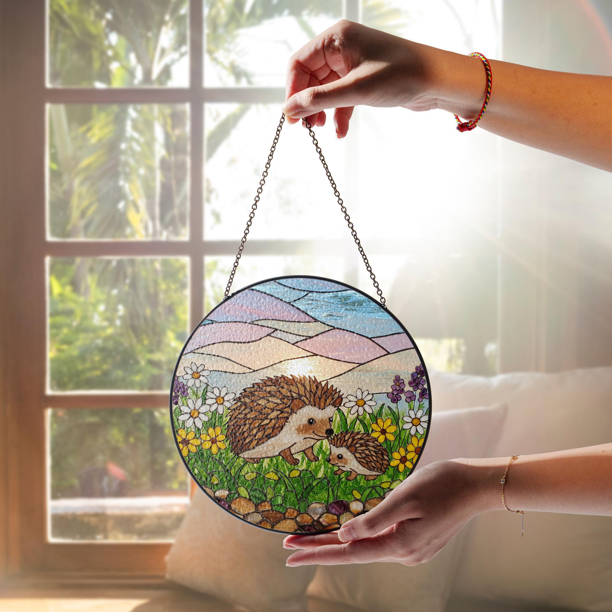 Hedgehog Family Mom Glass Suncatcher, Nature Window Hanging, Cute Gift for Mom and Grandma, Animal Lover Gift, Garden Decor, Mother's Day