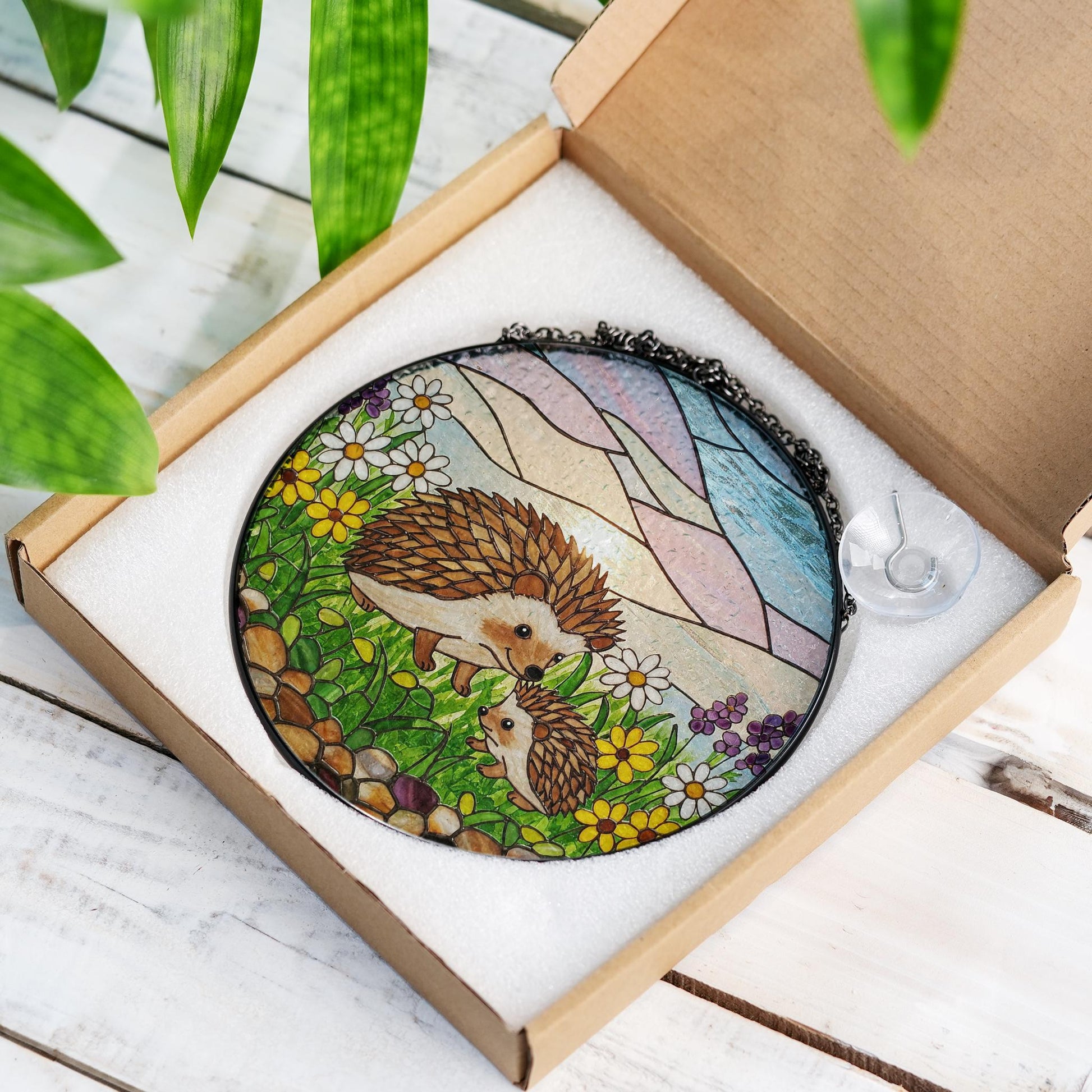 Hedgehog Family Mom Glass Suncatcher, Nature Window Hanging, Cute Gift for Mom and Grandma, Animal Lover Gift, Garden Decor, Mother's Day