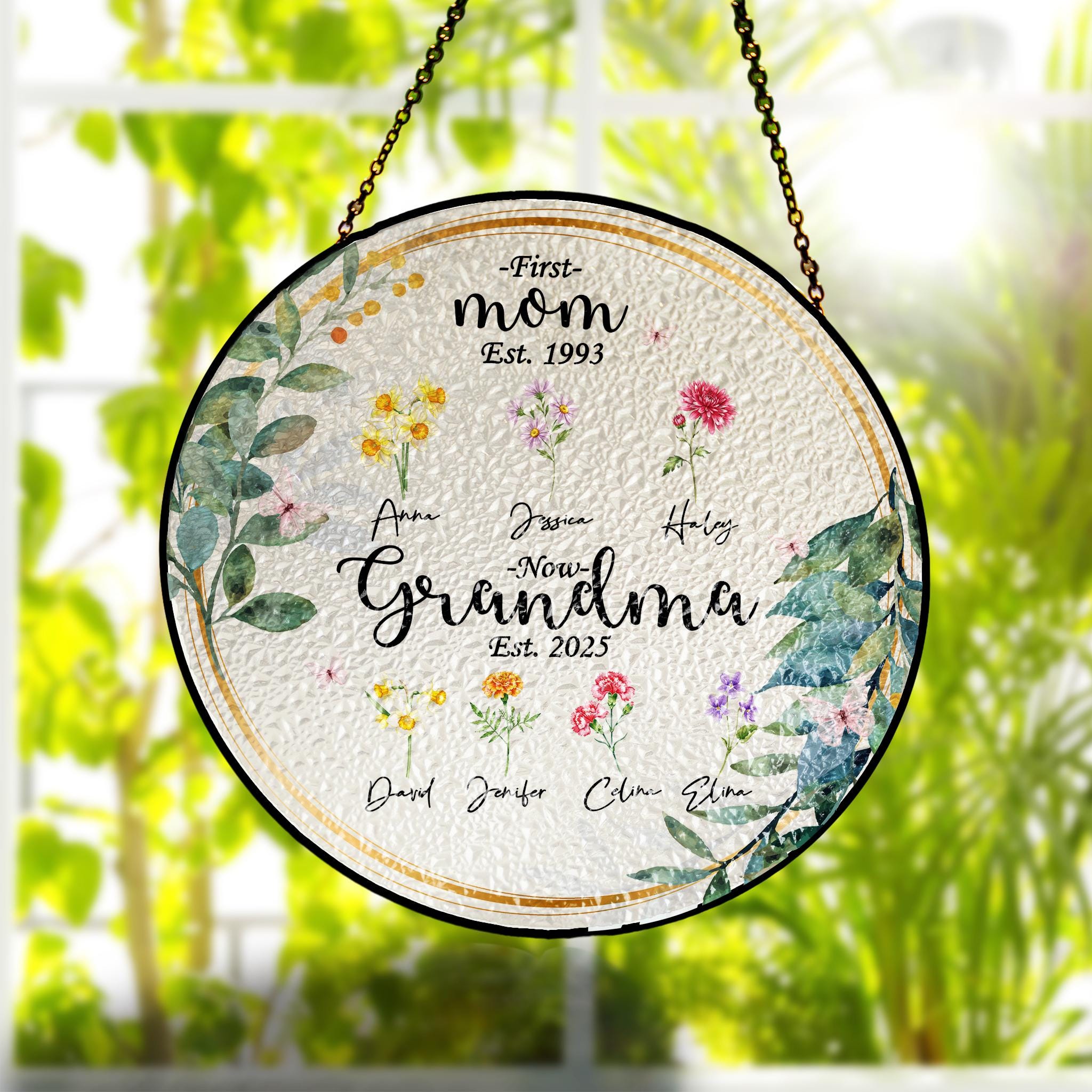 Personalized First Mom Now Grandma Birth Month Flowers Glass Suncatcher, Custom Grandma's Garden Suncatcher, Mother's Day Gift, Mama Gift