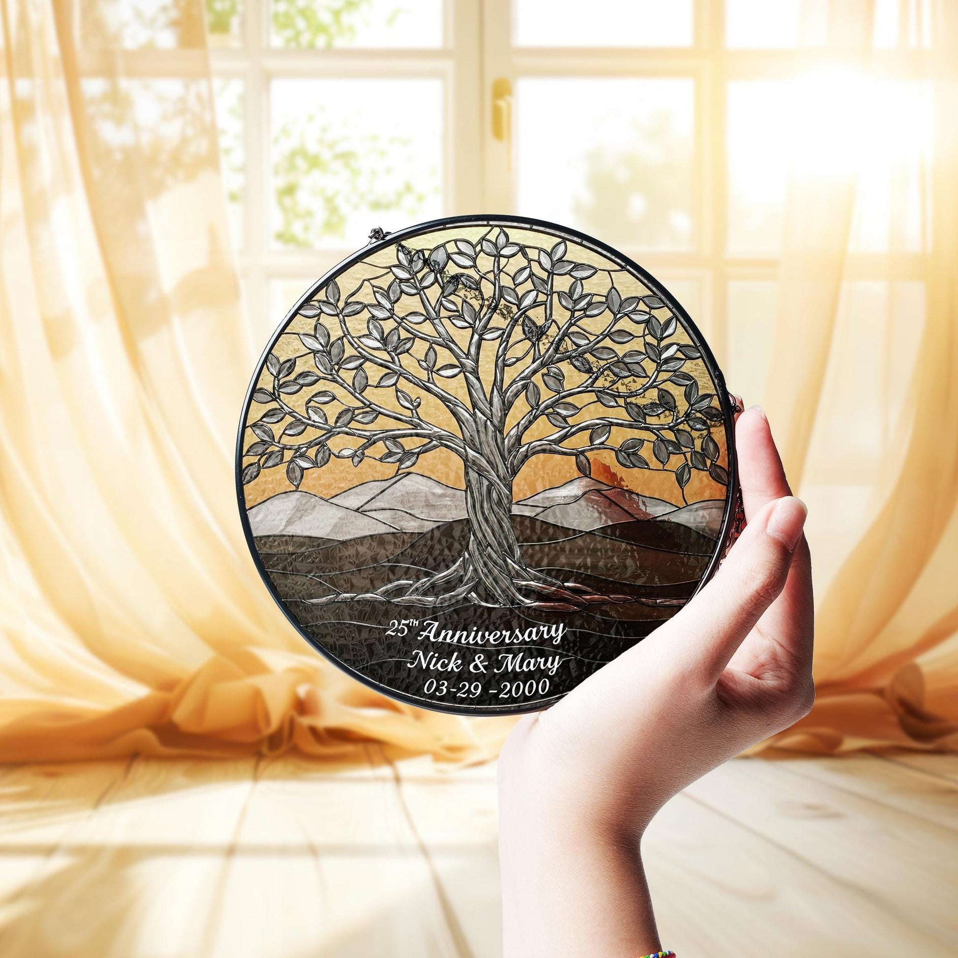 Personalized Tree of Life 25th Anniversary GLASS Hanging, Silver anniversary, Tree of life glass suncatcher, Anniversary gift for wife