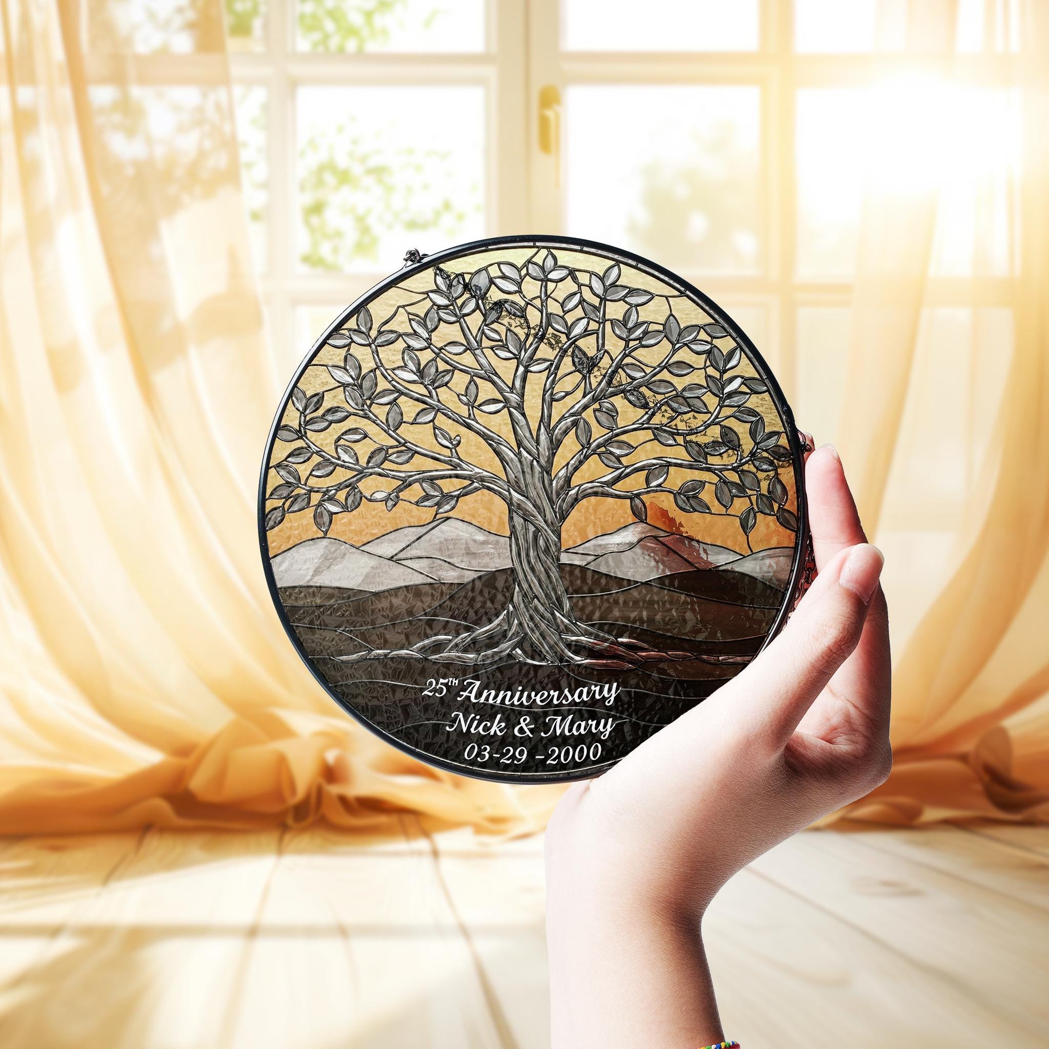 Personalized Tree of Life 25th Anniversary GLASS Hanging, Silver anniversary, Tree of life glass suncatcher, Anniversary gift for wife