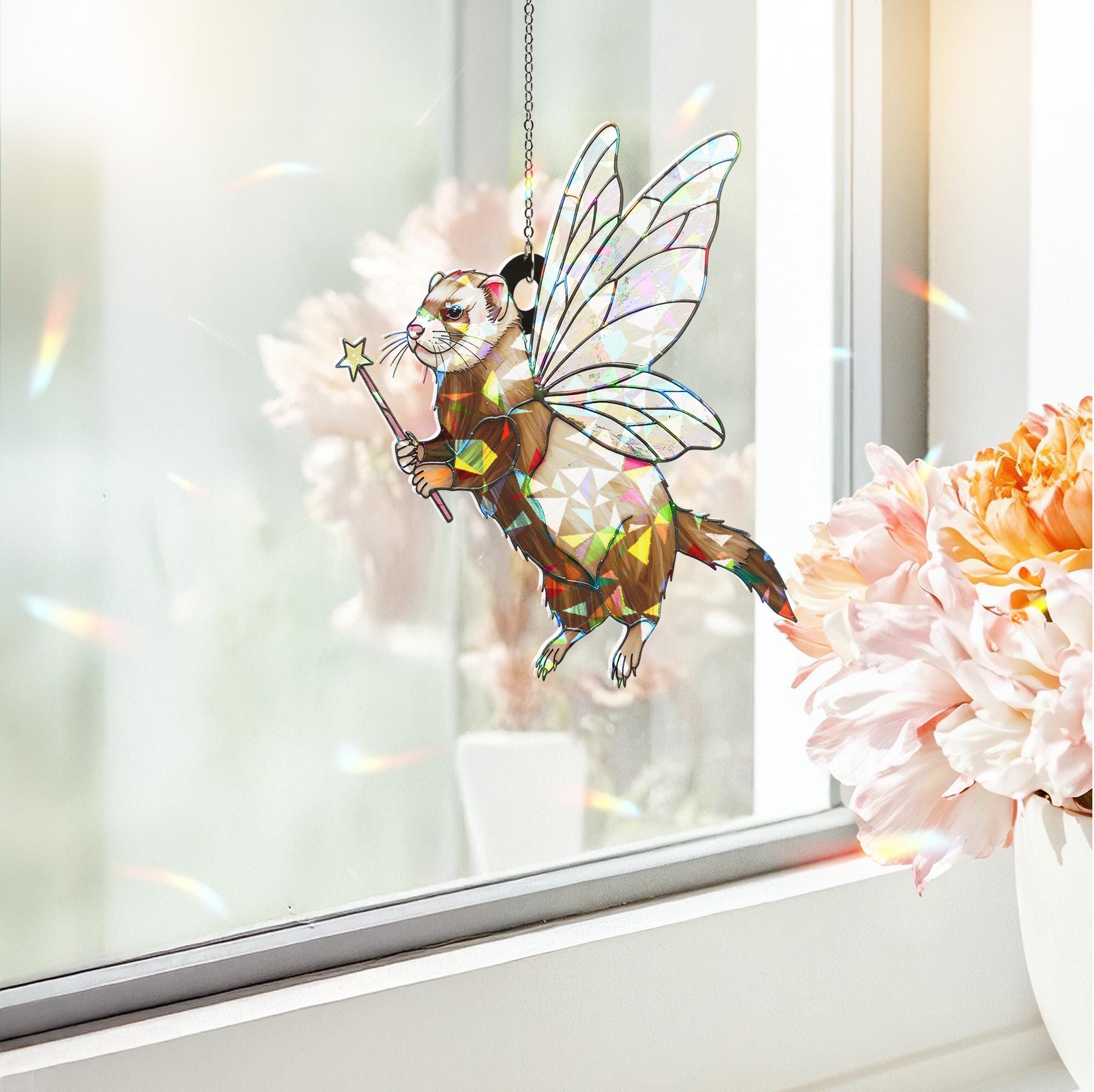 Hologram Fairy ferret Acrylic Window Hanging, Handcrafted ferret decor,  window hanging, ferret lover gift, fairy ferret decor