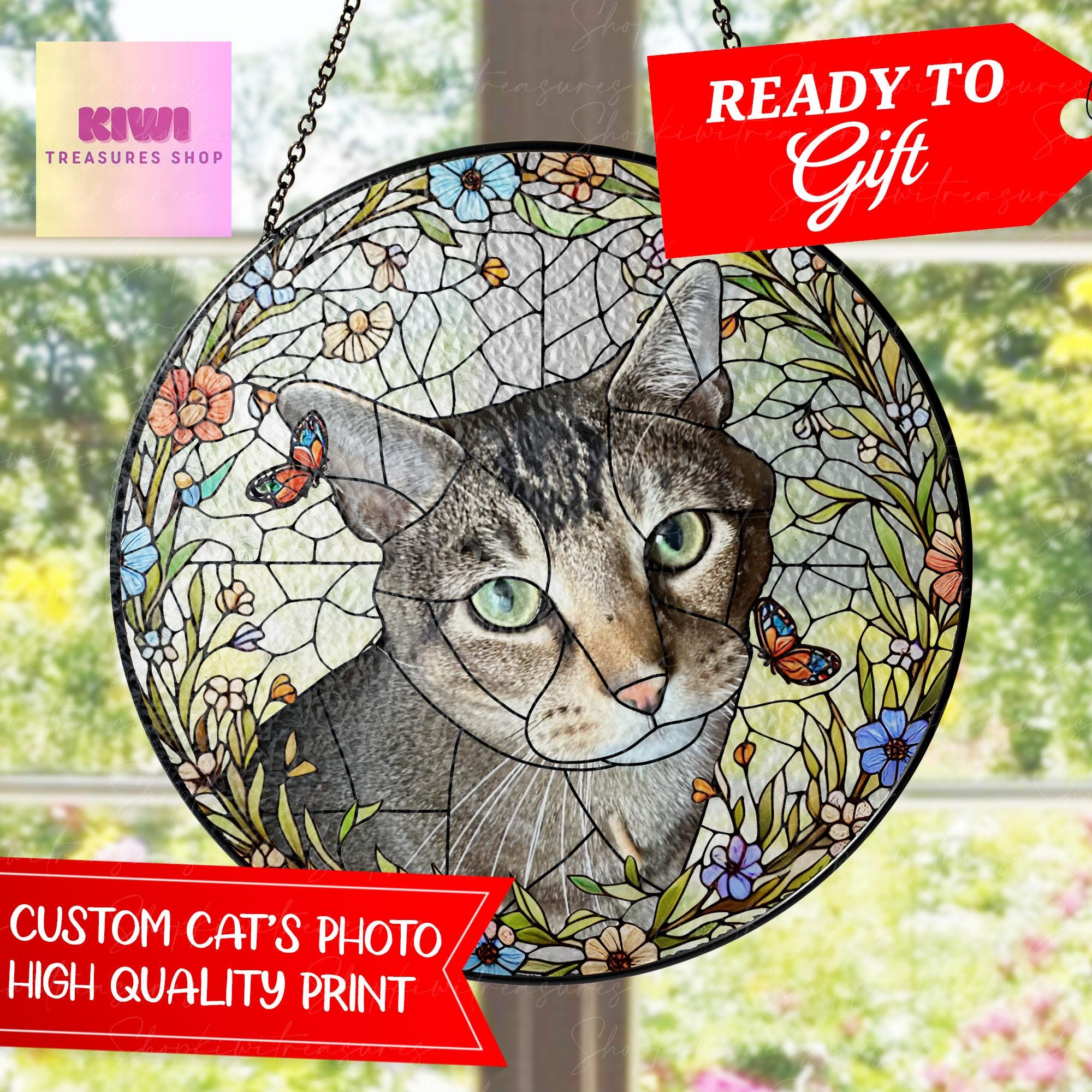 Custom Cat Portrait Glass Suncatcher, Glass Cat Memorial, Custom Cat Portrait from Photo, Sympathy Gifts, glass Cat, MOTHER'S DAY gift 2025