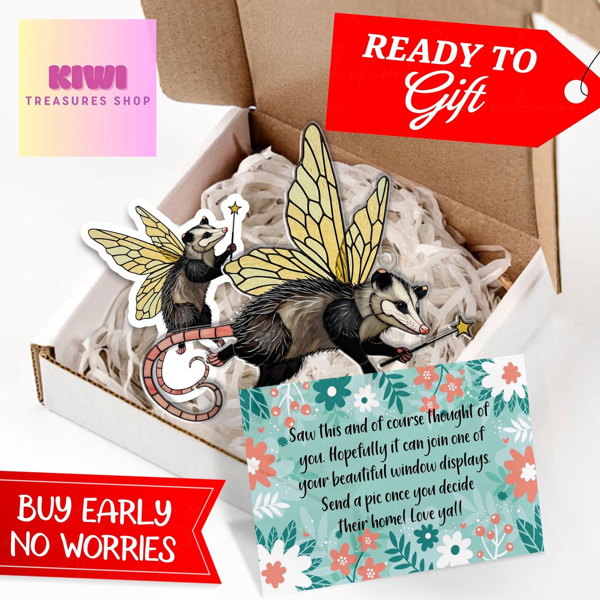 Special gift set 2025 Cute fairy Opossum Acrylic Window Hanging, Opossum Window Art, Godpossum Decor, Stay Trashy, feral mom