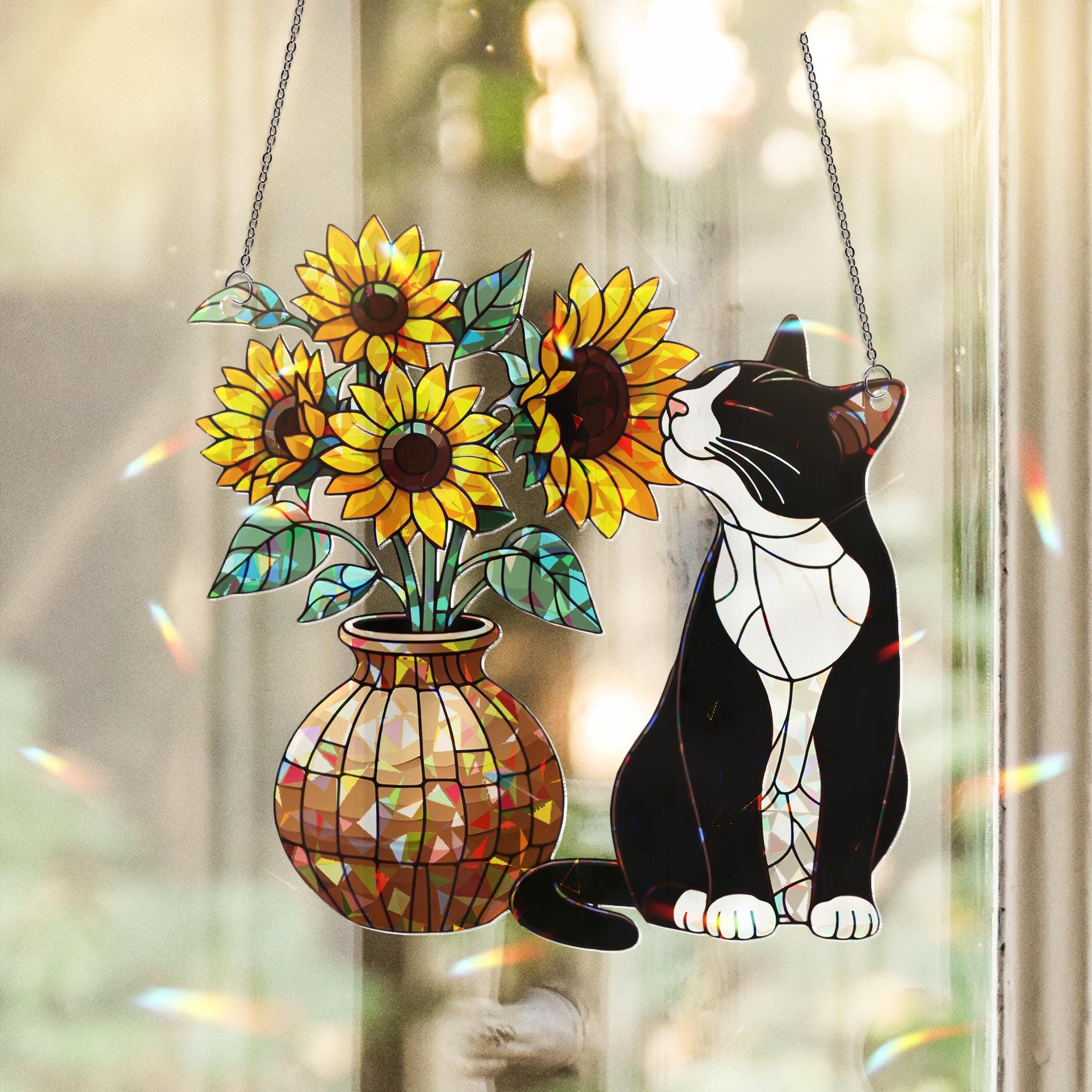 Tuxedo With Sunflower Hologram Acrylic Window Decor, Tuxedo Mom Decor, Cat Mom Gift, Mothers Day 2025 Gift For Cat Mama, Cat Mama
