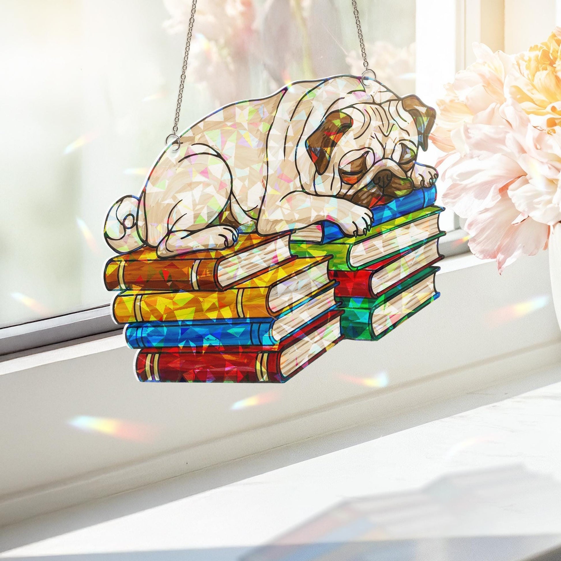 Pug Sleeping On Bookstack Hologram Decor, Pug Bookish Decor, Pug Lover Gift, Pug Mom Gift, Book Lover, Reading Lover Gift, Gift For Dog Mom