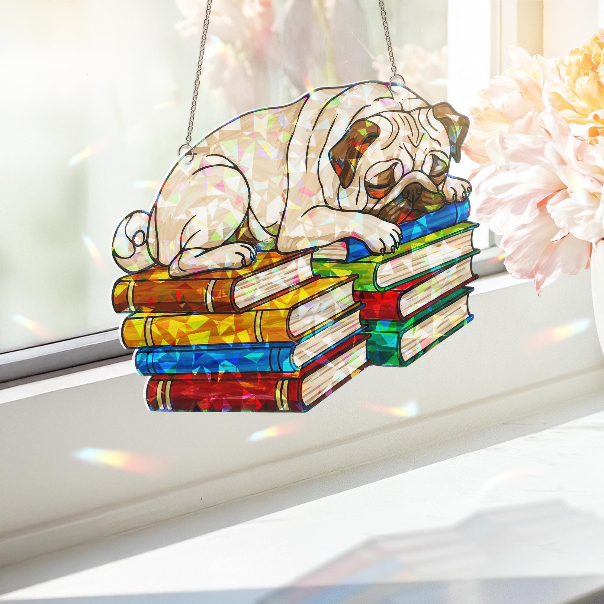Pug Sleeping On Bookstack Hologram Decor, Pug Bookish Decor, Pug Lover Gift, Pug Mom Gift, Book Lover, Reading Lover Gift, Gift For Dog Mom