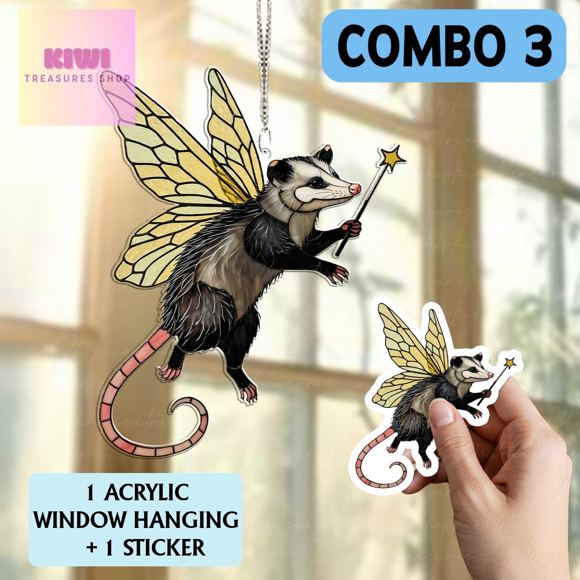 Special gift set 2025 Cute fairy Opossum Acrylic Window Hanging, Opossum Window Art, Godpossum Decor, Stay Trashy, feral mom