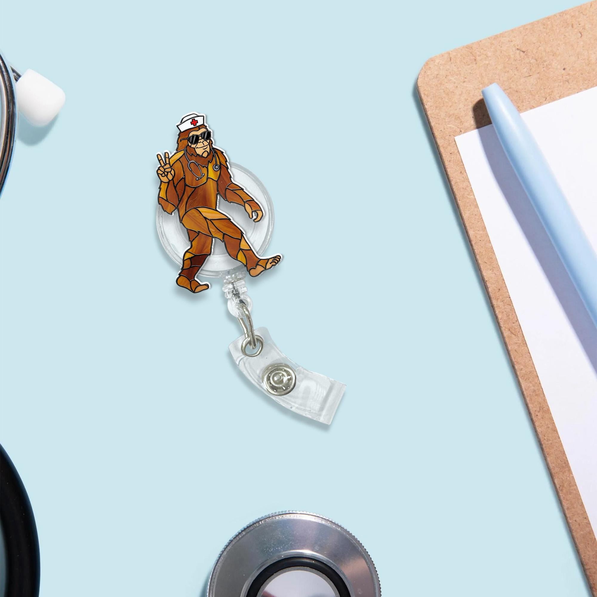 Funny Sasquatch Faux Stain Glass Badge Reel, Bigfoot Fan Gift, Bigfoot Badge Clip, Gift For Nurse, RN Id Holder, Nurse Gift, Funny Gift