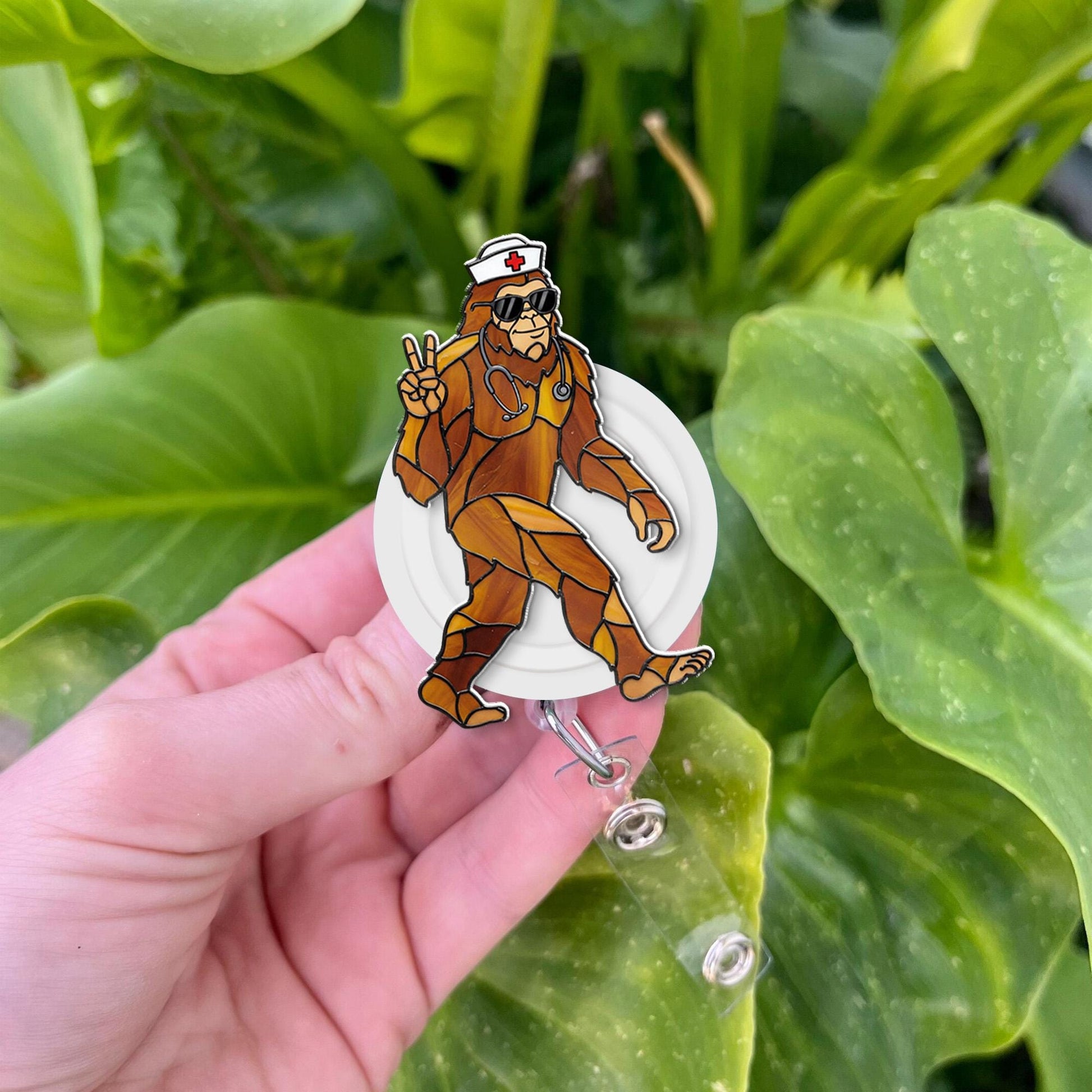 Funny Sasquatch Faux Stain Glass Badge Reel, Bigfoot Fan Gift, Bigfoot Badge Clip, Gift For Nurse, RN Id Holder, Nurse Gift, Funny Gift