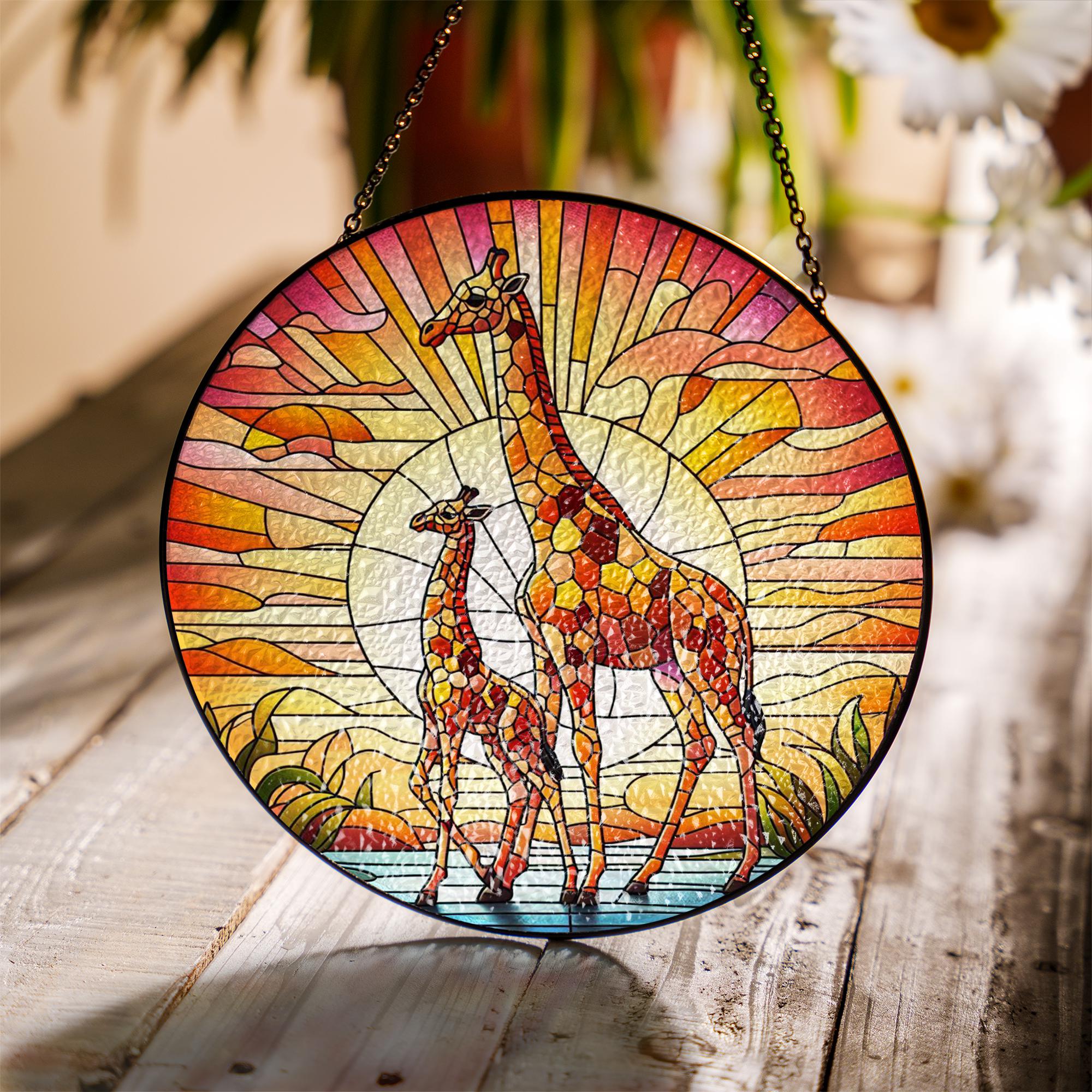 Giraffe Mom and Kid Glass Suncatcher, Whimsical Design for Like Mother Like Daughter, Ideal Mother’s Day Gift 2025, Giraffe glass suncatcher