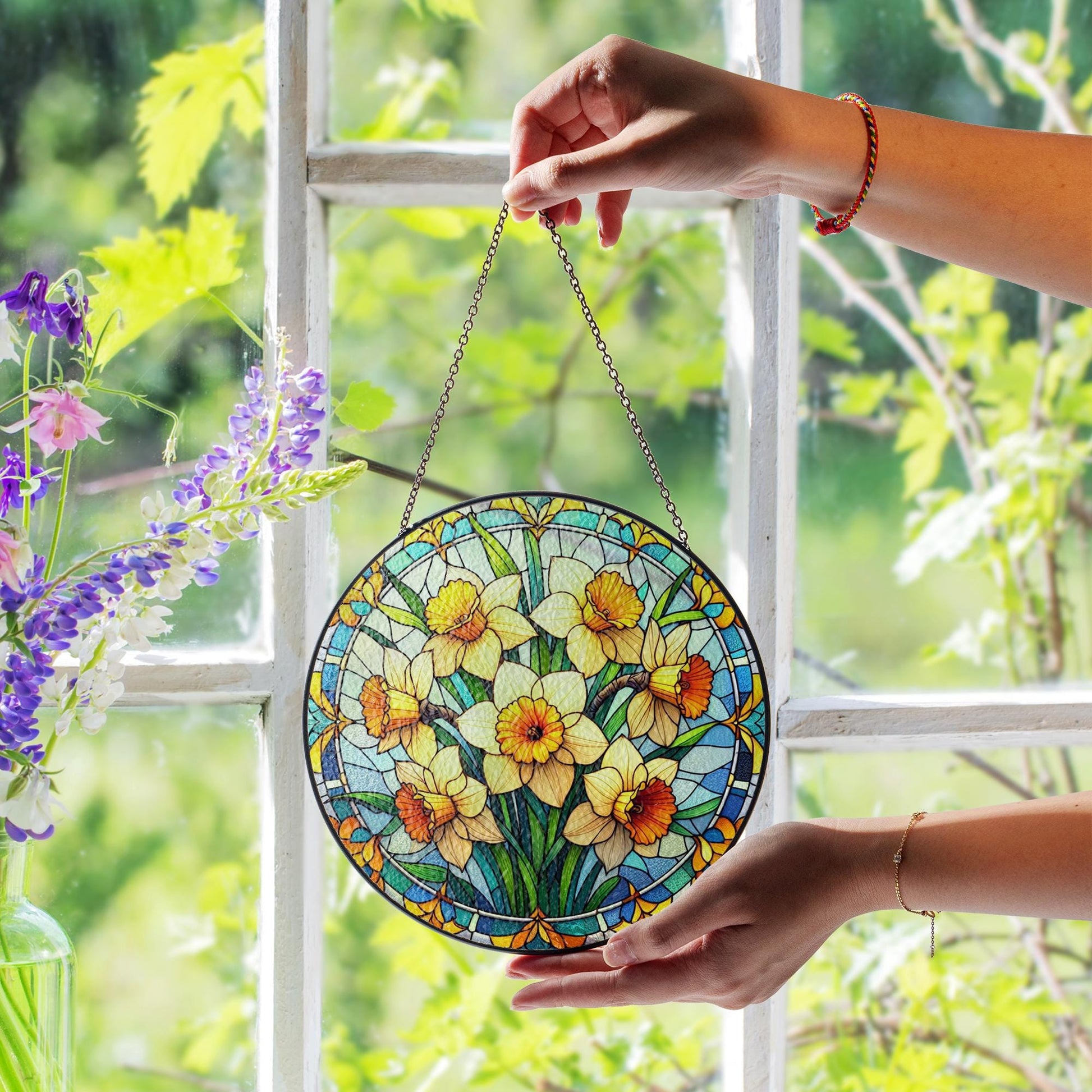 Daffodil glass suncatcher, Birth Month Flowers gift, March Birthday idea gift, Daffodil lovers, Kitchen decor hanging
