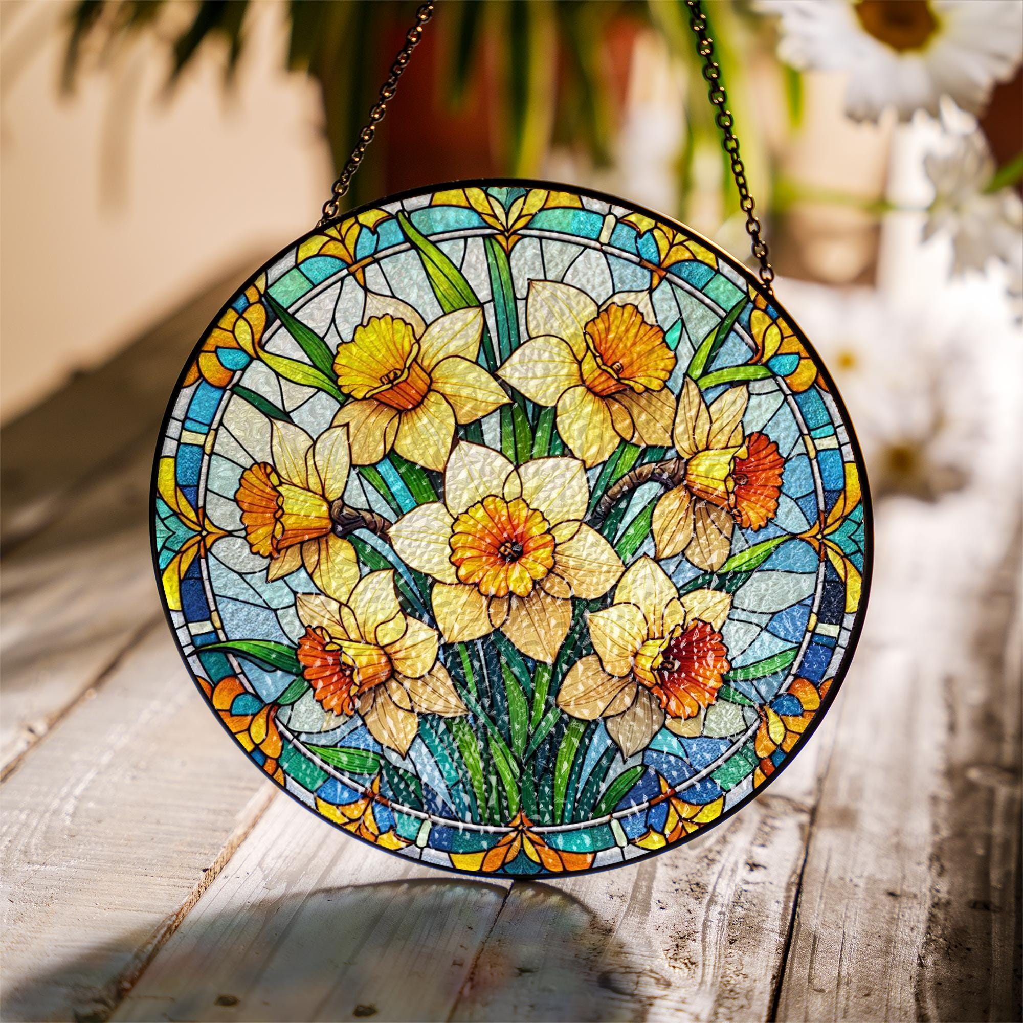 Daffodil glass suncatcher, Birth Month Flowers gift, March Birthday idea gift, Daffodil lovers, Kitchen decor hanging