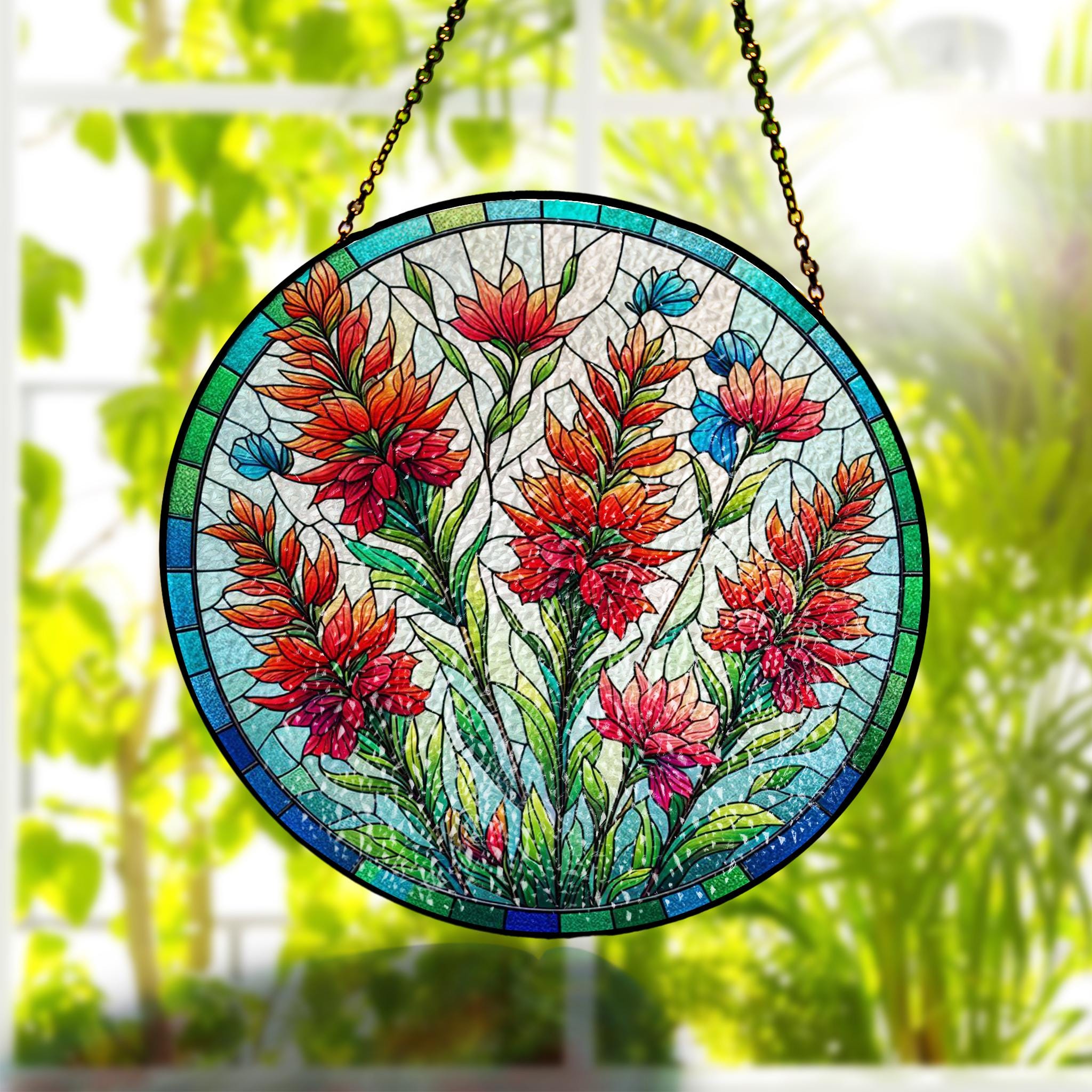 Wyoming State of flower glass suncatcher, Elegant Kitchen Decor Ornament, Ideal Mother's Day 2025 Gift, Indian Paintbrush glass hanging