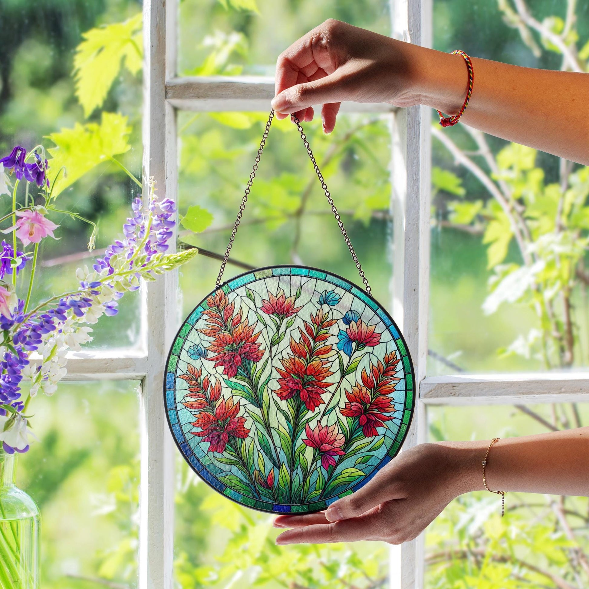 Wyoming State of flower glass suncatcher, Elegant Kitchen Decor Ornament, Ideal Mother's Day 2025 Gift, Indian Paintbrush glass hanging