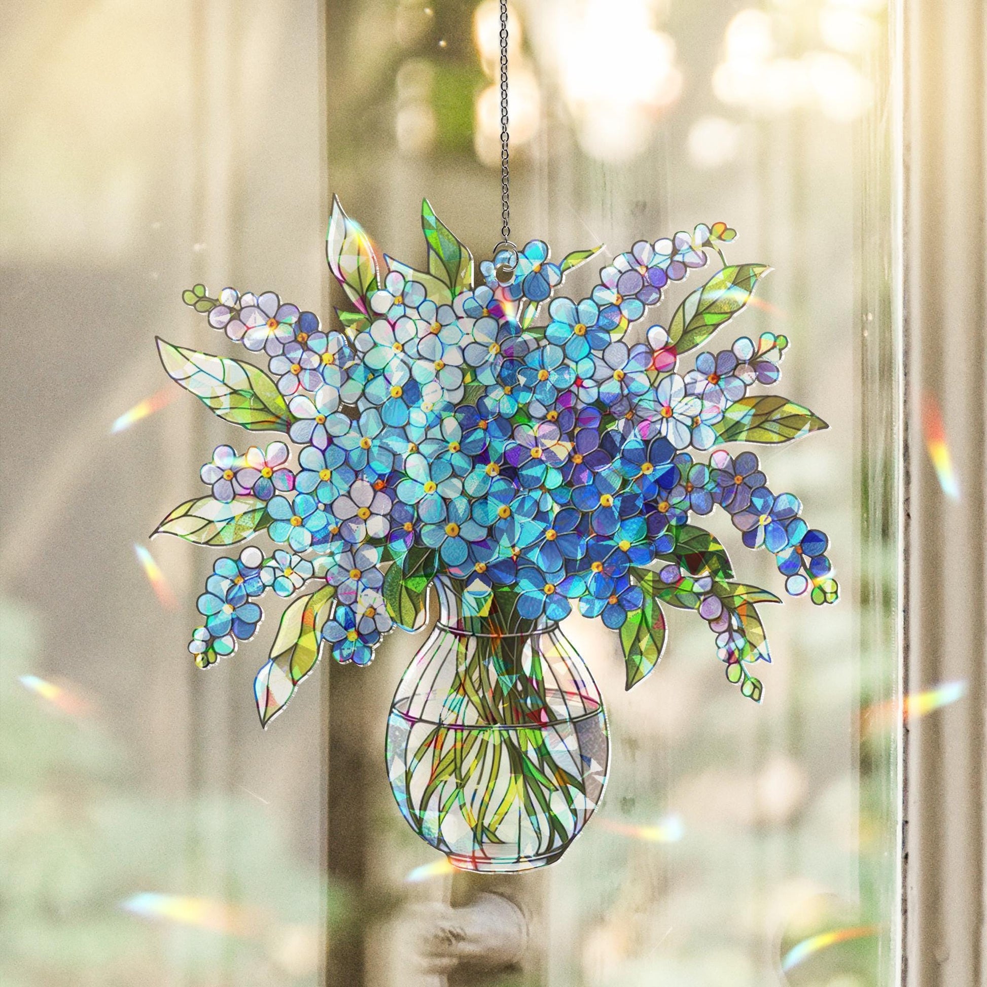 Blue Forget me not Bouquet Hologram Window Hanging, charming kitchen decor for forget me not lovers, perfect Mother’s Day gift suncatcher