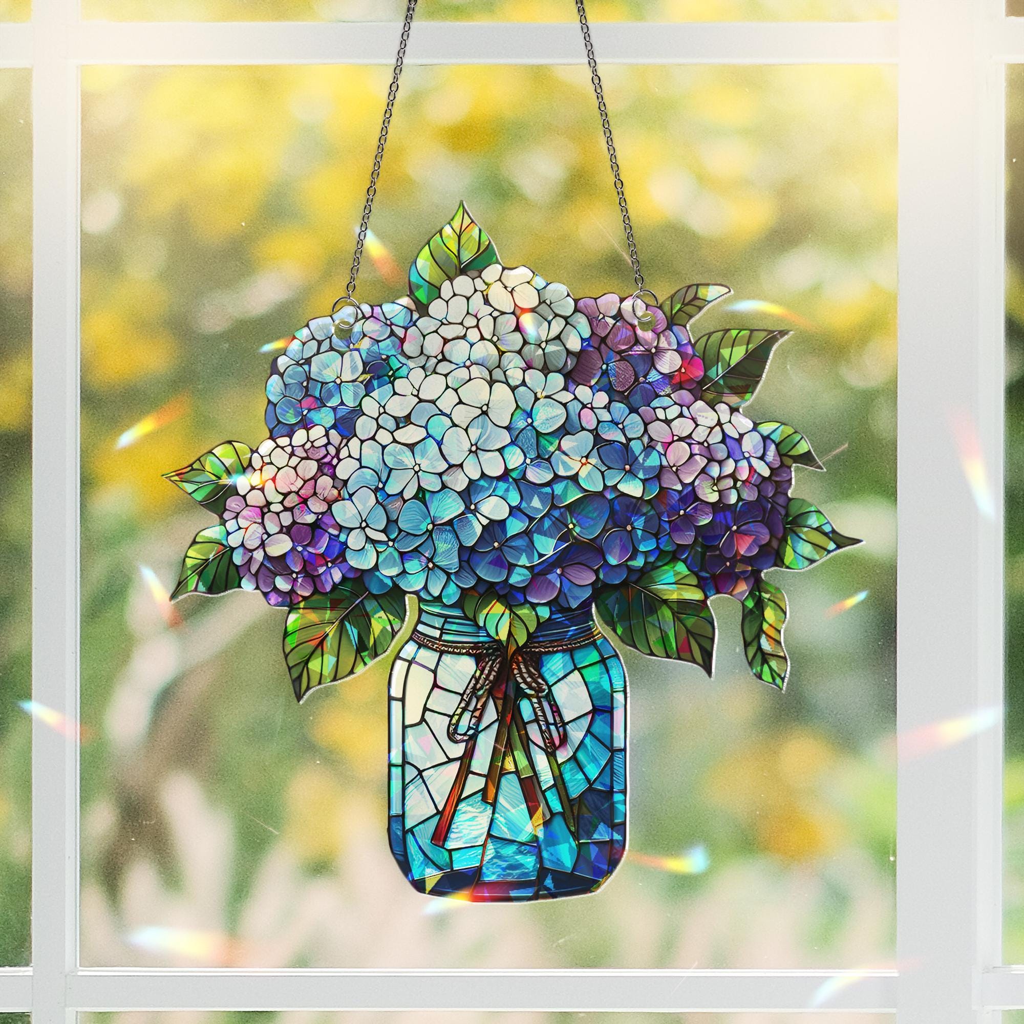 Hydrangeas Bouquet Hologram Window Hanging, charming kitchen decor for forget me not lovers, perfect Mother’s Day gift suncatcher