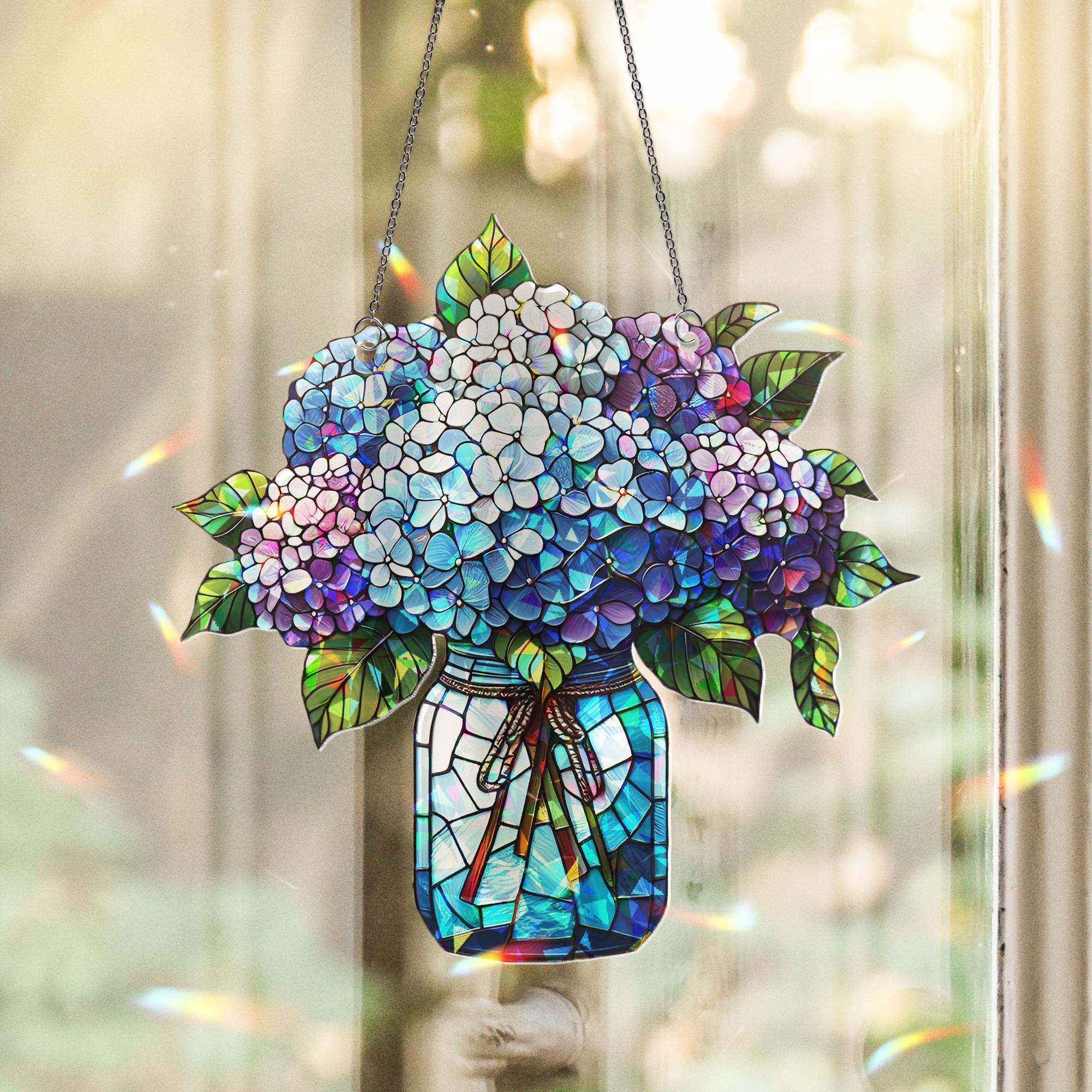 Hydrangeas Bouquet Hologram Window Hanging, charming kitchen decor for forget me not lovers, perfect Mother’s Day gift suncatcher