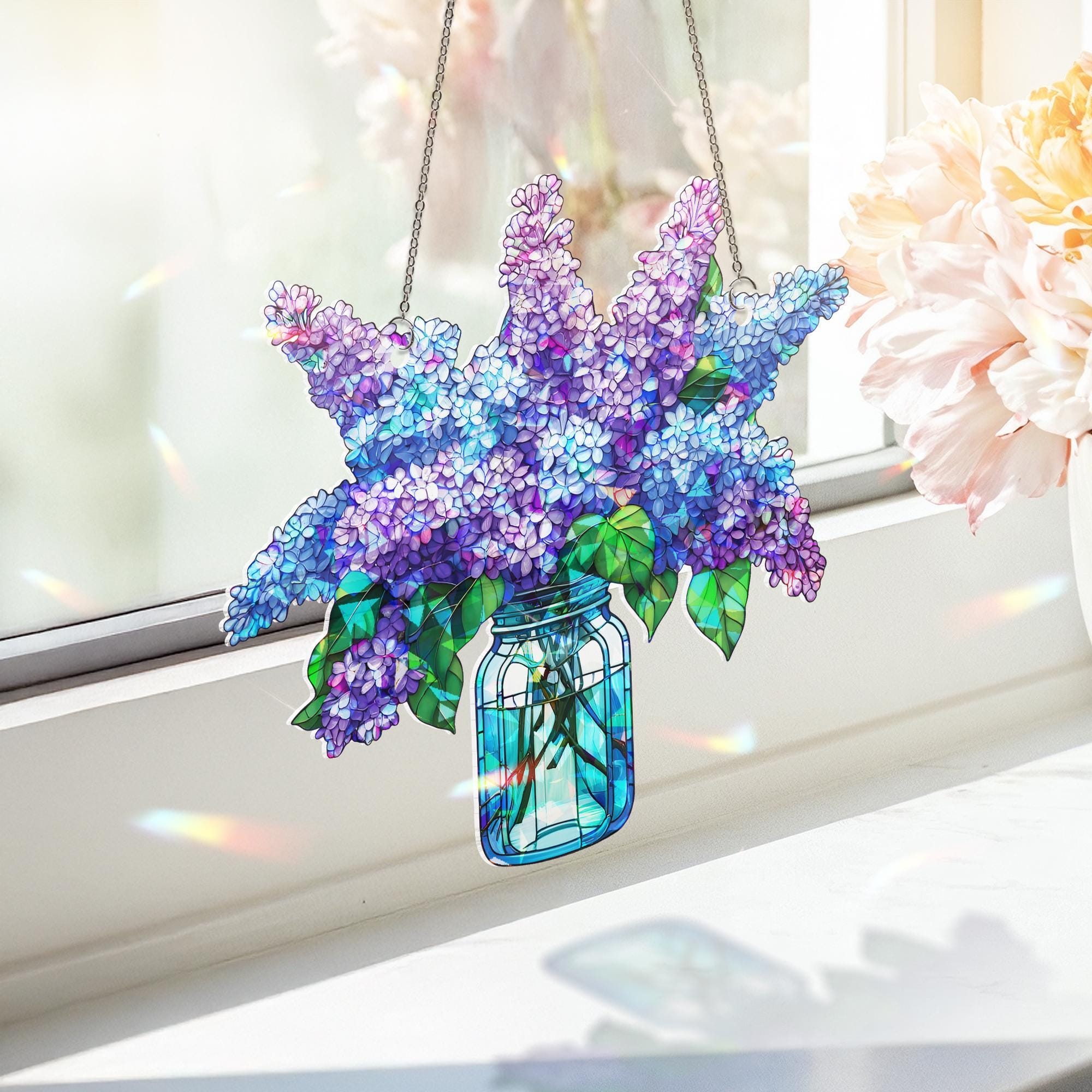 Lilacs  Bouquet Hologram Window Hanging, charming kitchen decor for forget me not lovers, perfect Mother’s Day gift suncatcher, Purple lilac