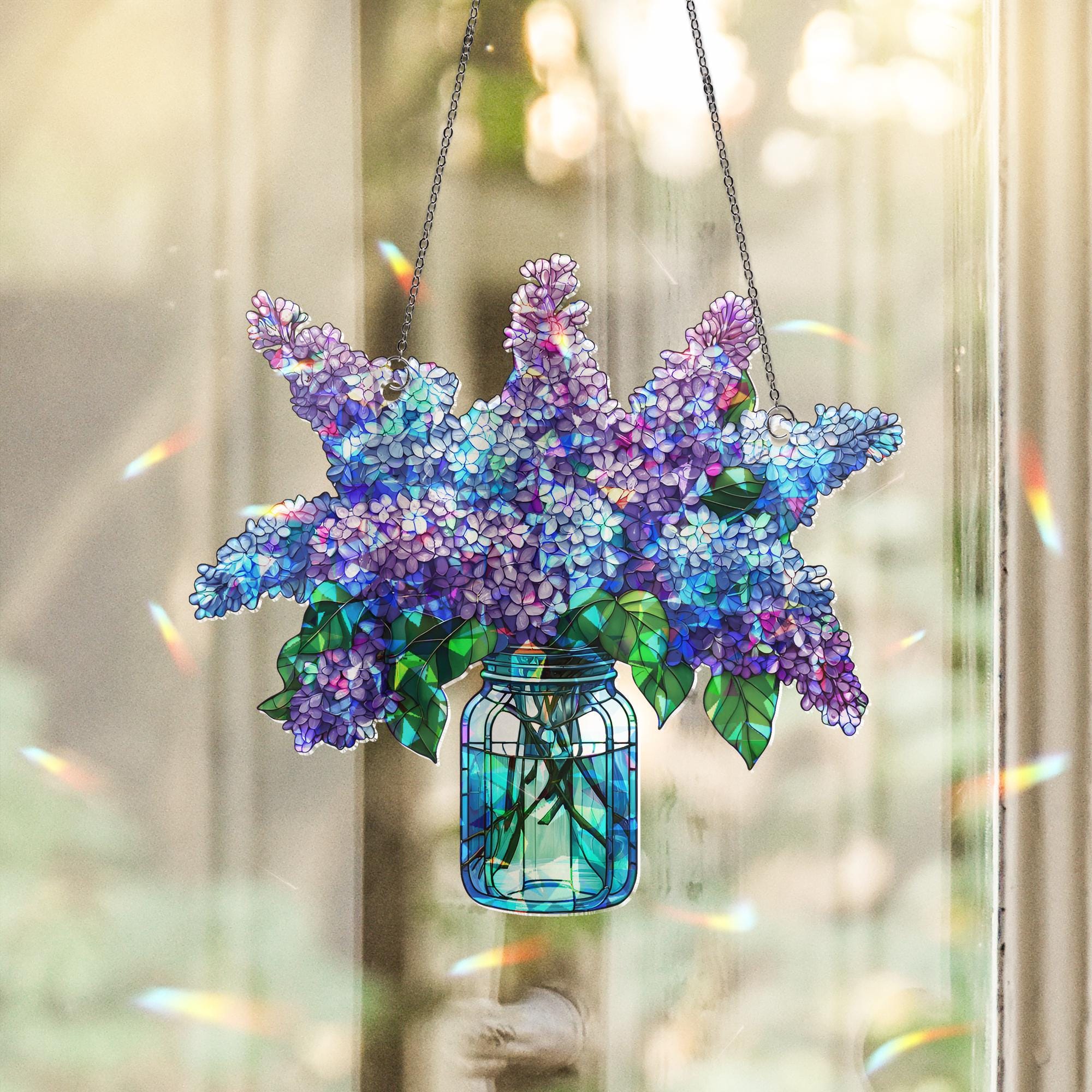 Lilacs  Bouquet Hologram Window Hanging, charming kitchen decor for forget me not lovers, perfect Mother’s Day gift suncatcher, Purple lilac