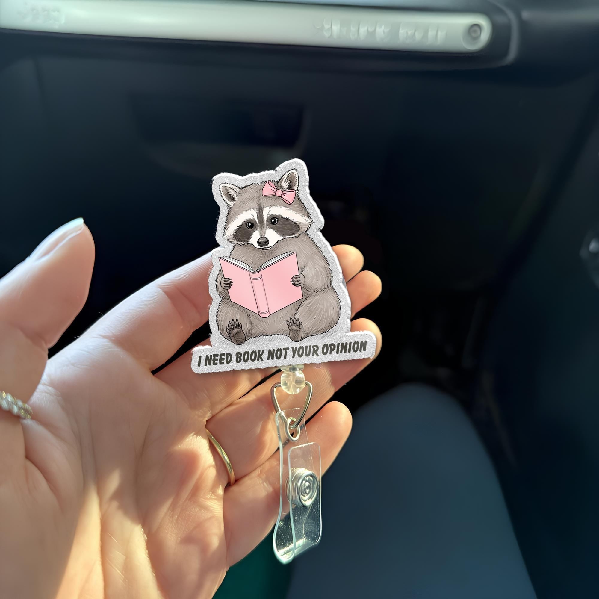 Funny Raccoon Reading Meme Badge Reel, I Need Books Not Your Opinion Badge Reel, Funny Meme Mood ID Badge Holder, Raccoon Accessories