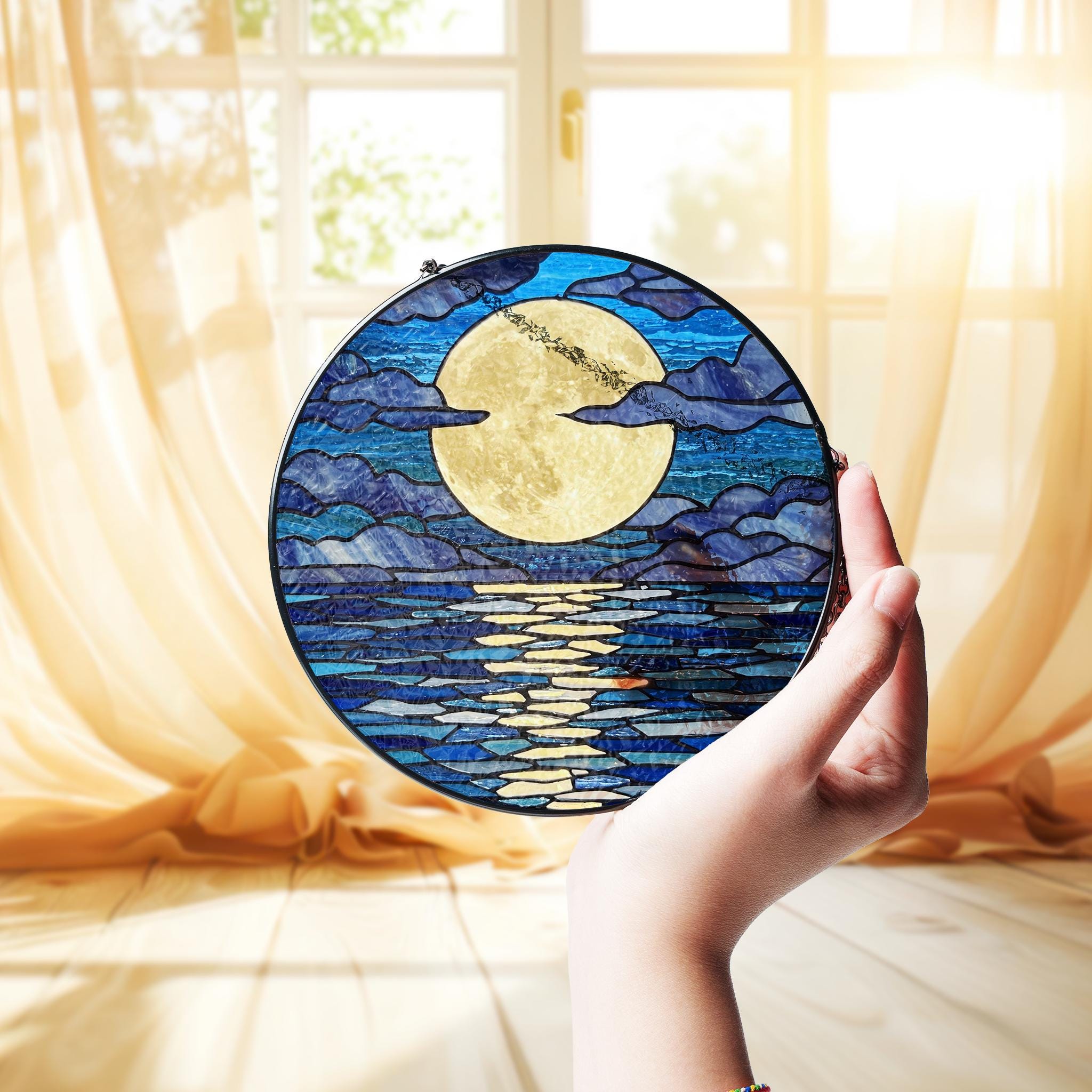 Majestic Full Moon Over The Ocean  GLASS Suncatcher, Aesthetic Decoration, Celestial Coastal Decor, Mother's Day Gift, Gift For Mom,Elegant