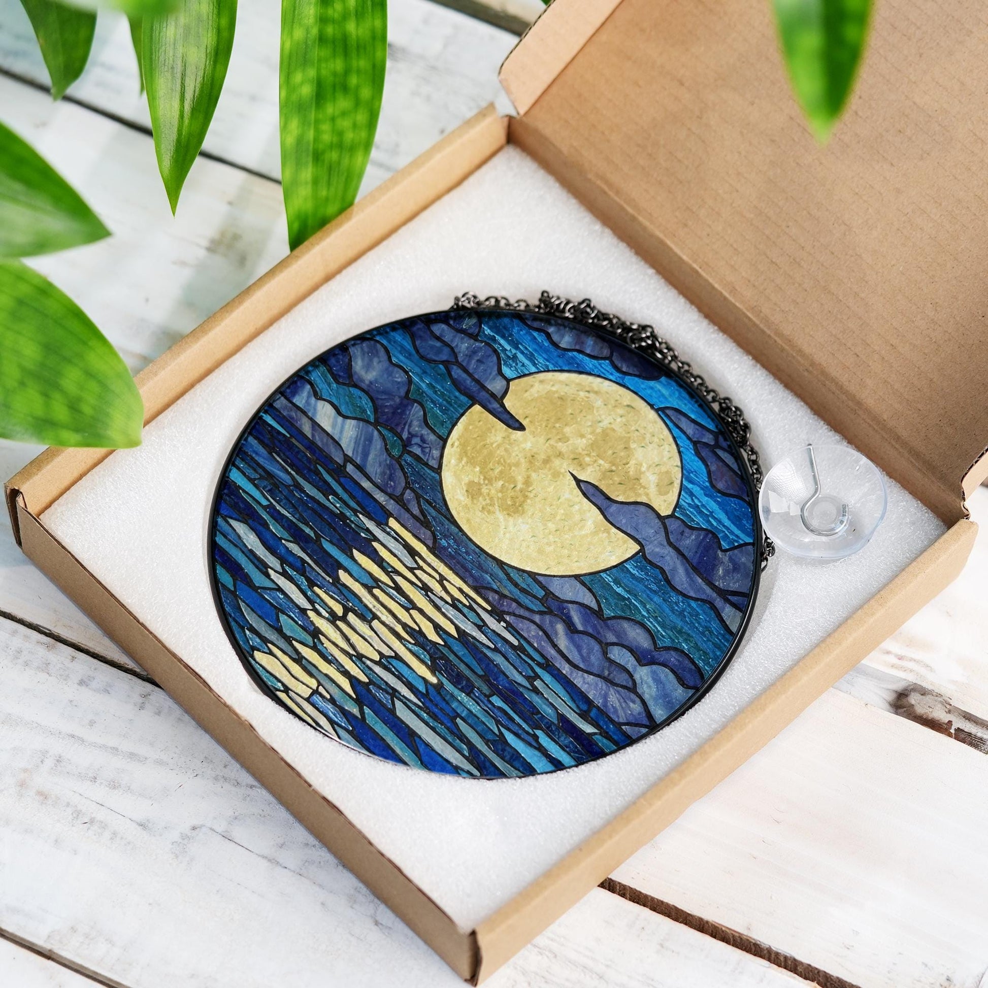 Majestic Full Moon Over The Ocean  GLASS Suncatcher, Aesthetic Decoration, Celestial Coastal Decor, Mother's Day Gift, Gift For Mom,Elegant
