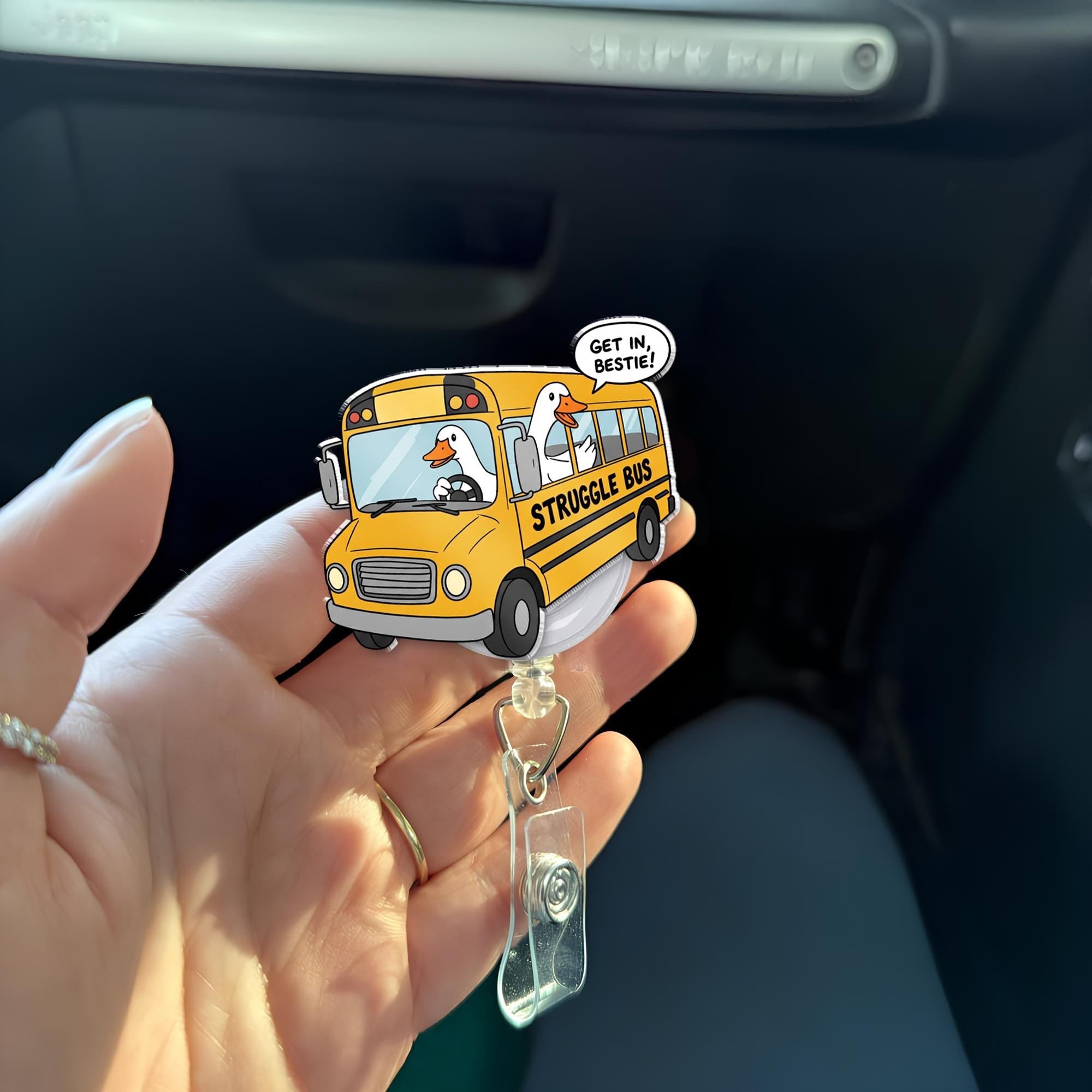 Struggle Bus Badge Reel, funny silly goose School Bus, Get In Bestie Gift, Teacher Lanyard, , Heavy Duty Badge, teacher gift,Funny Gift Idea