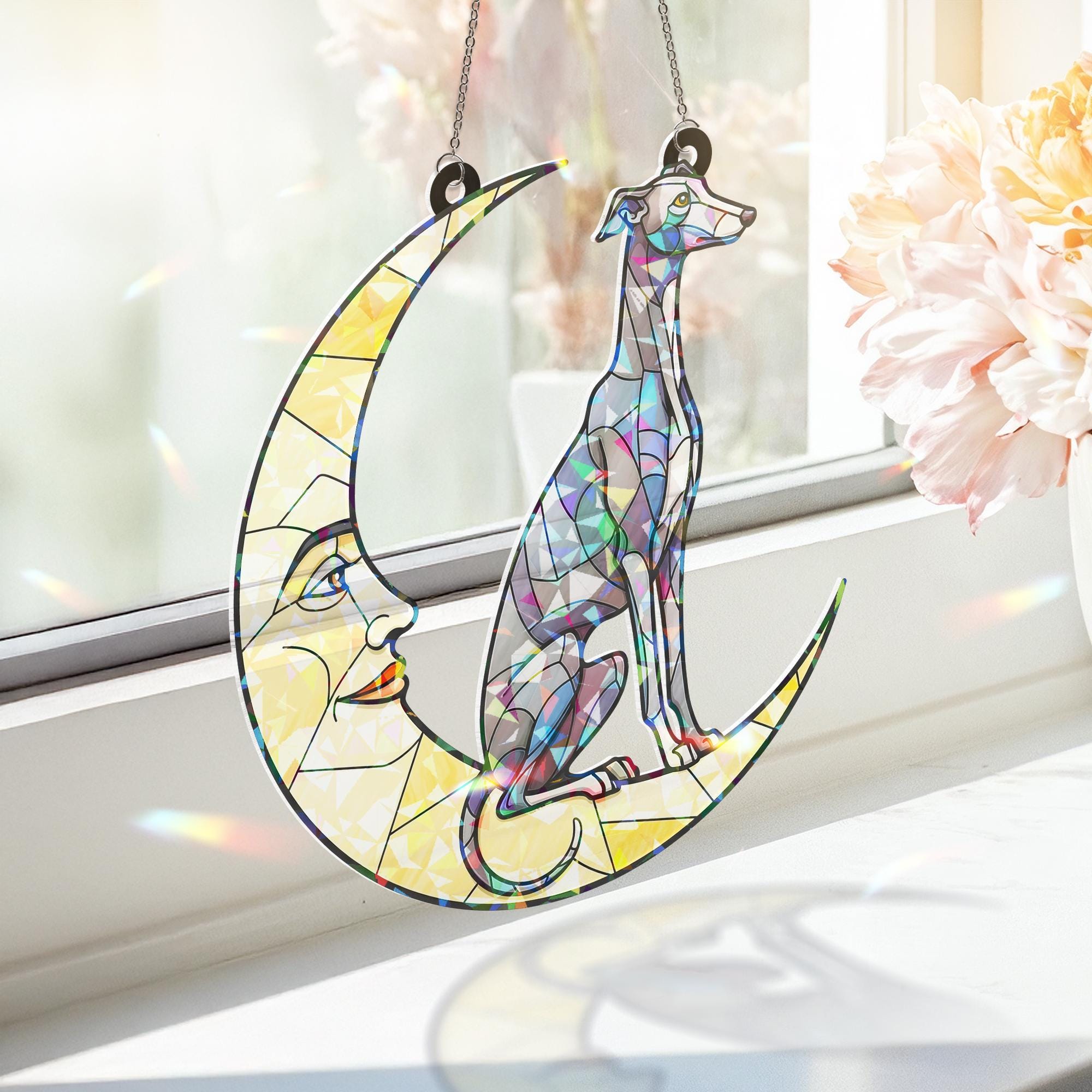 Greyhound on crescent moon Hologram Acrylic Window hanging, Handcrafted greyhound Decor,  , suncatcher ornament