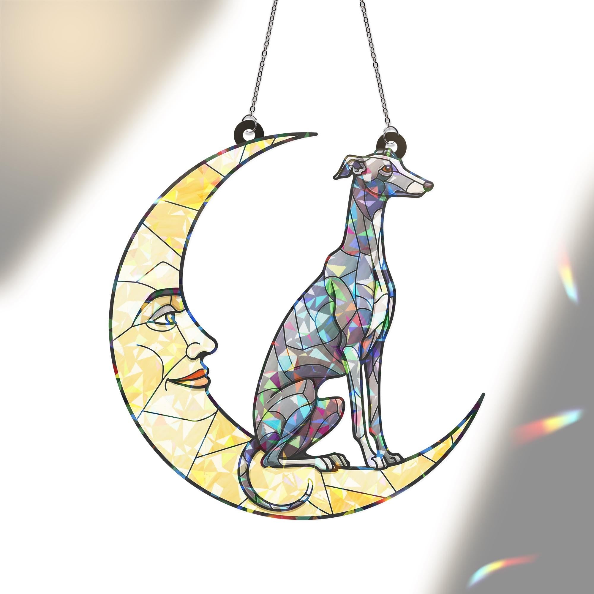 Greyhound on crescent moon Hologram Acrylic Window hanging, Handcrafted greyhound Decor,  , suncatcher ornament