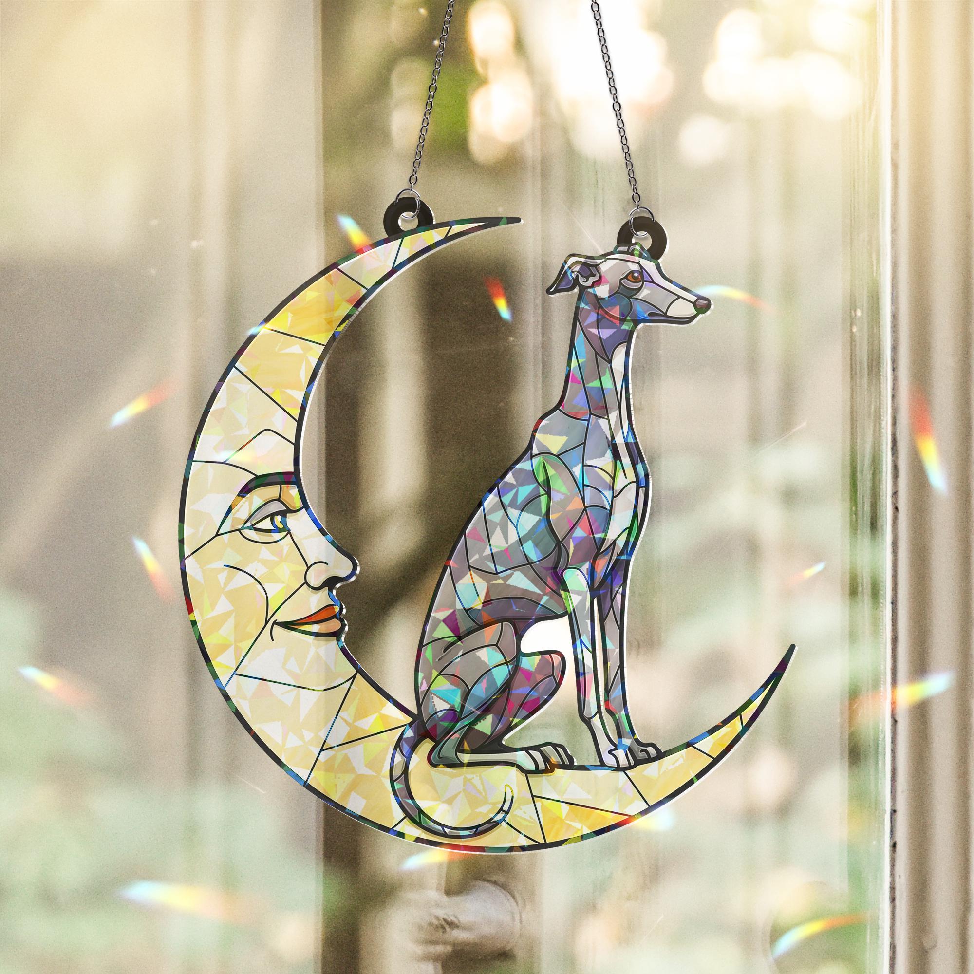 Greyhound on crescent moon Hologram Acrylic Window hanging, Handcrafted greyhound Decor,  , suncatcher ornament