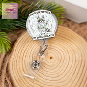 Hold on partner I'm overstimulated Badge reel, Funny cowboy raccoon nurse ID holder for nurse gifts and fun accessories, western cowboy