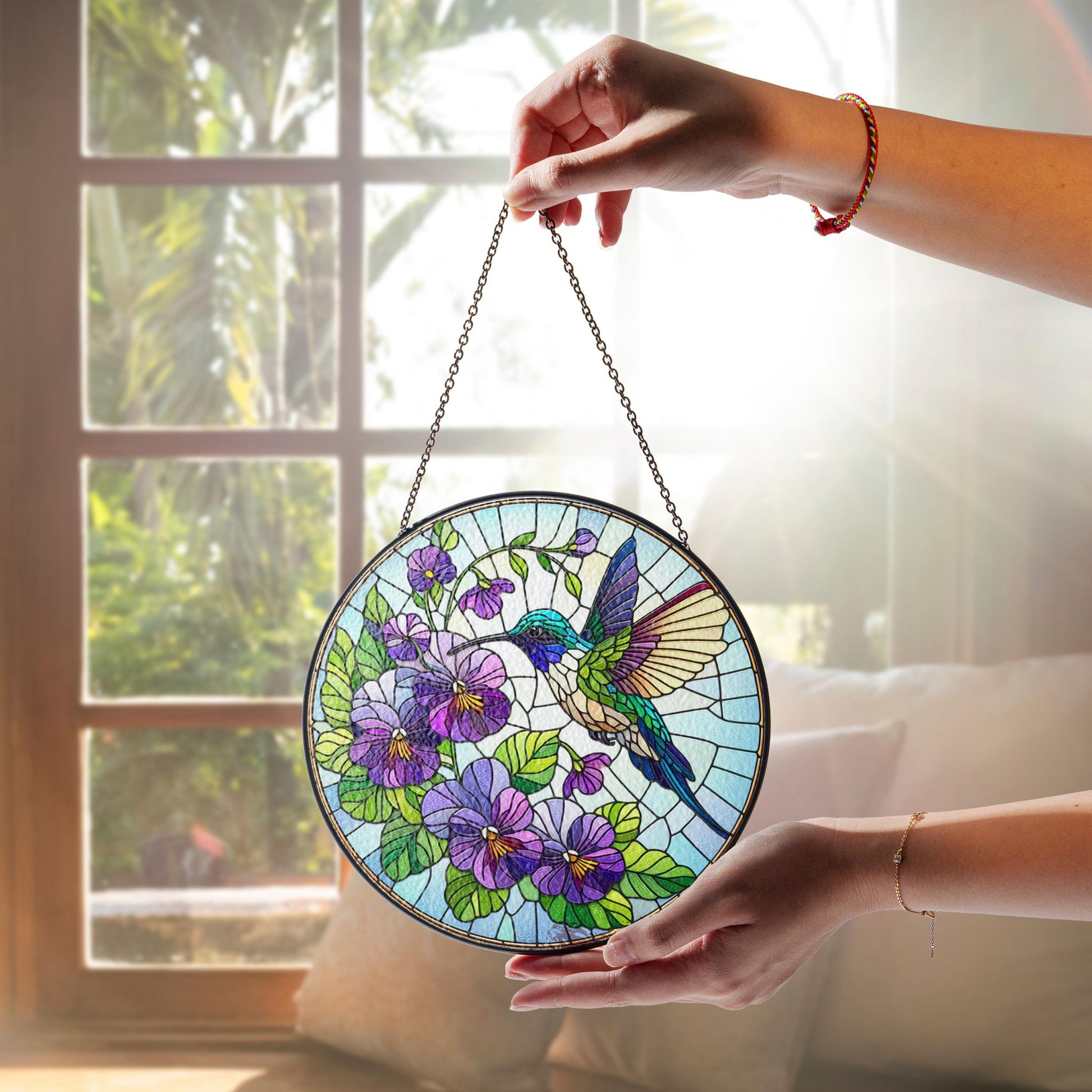Violet and hummingbird GLASS Suncatcher, Nana Mom Birth month flower gift, Hummingbird suncatcher Mother's day gift 2025