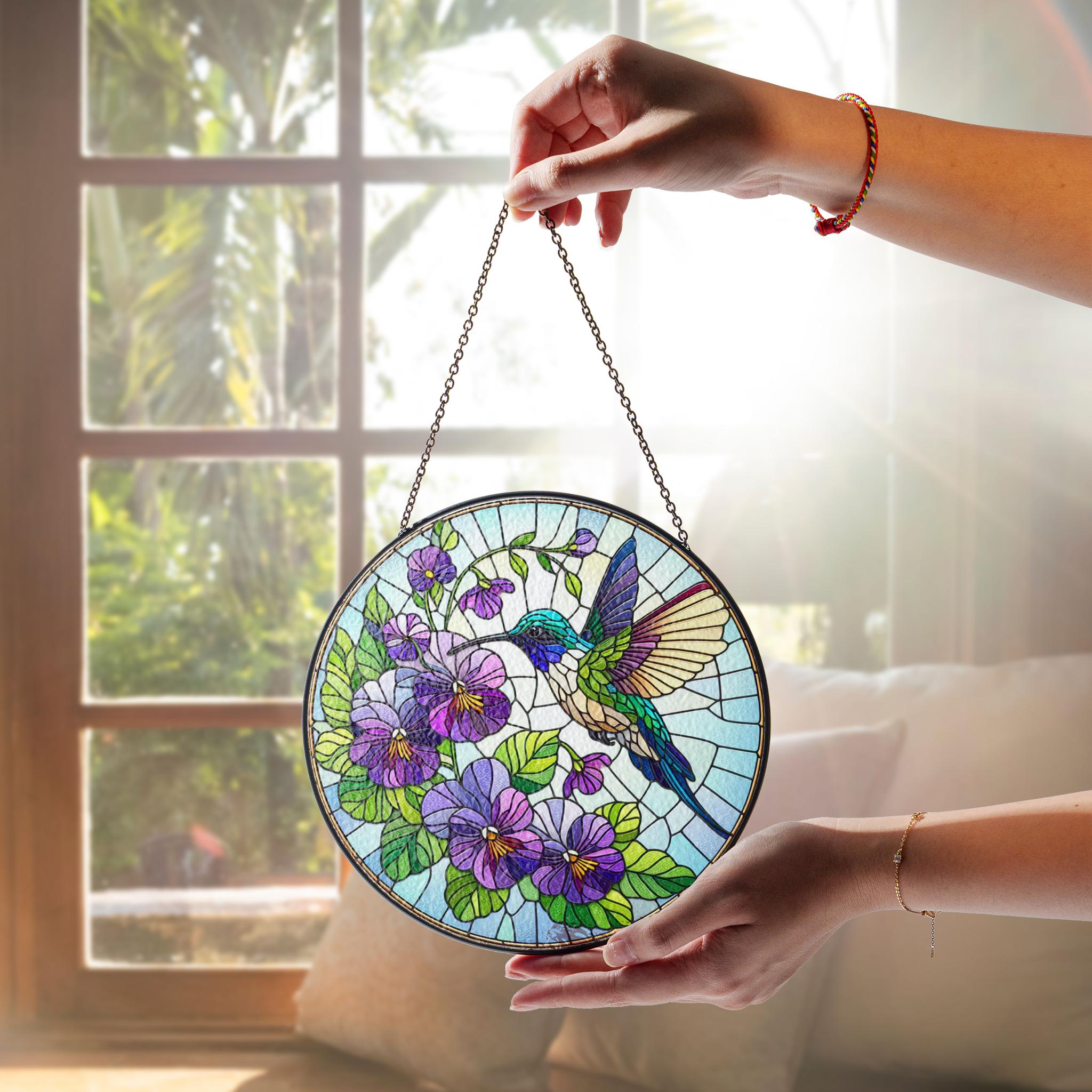 Violet and hummingbird GLASS Suncatcher, Nana Mom Birth month flower gift, Hummingbird suncatcher Mother's day gift 2025