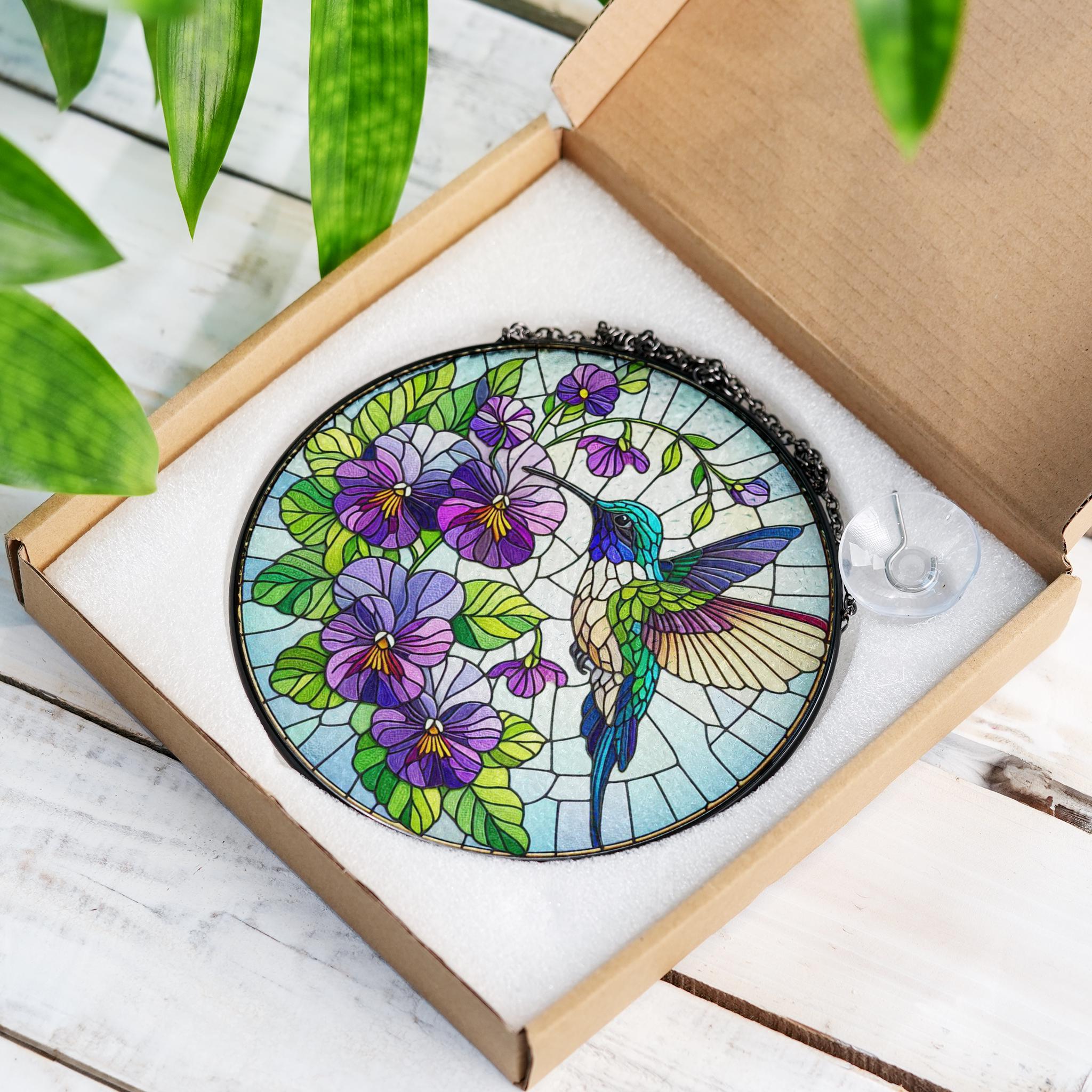 Violet and hummingbird GLASS Suncatcher, Nana Mom Birth month flower gift, Hummingbird suncatcher Mother's day gift 2025
