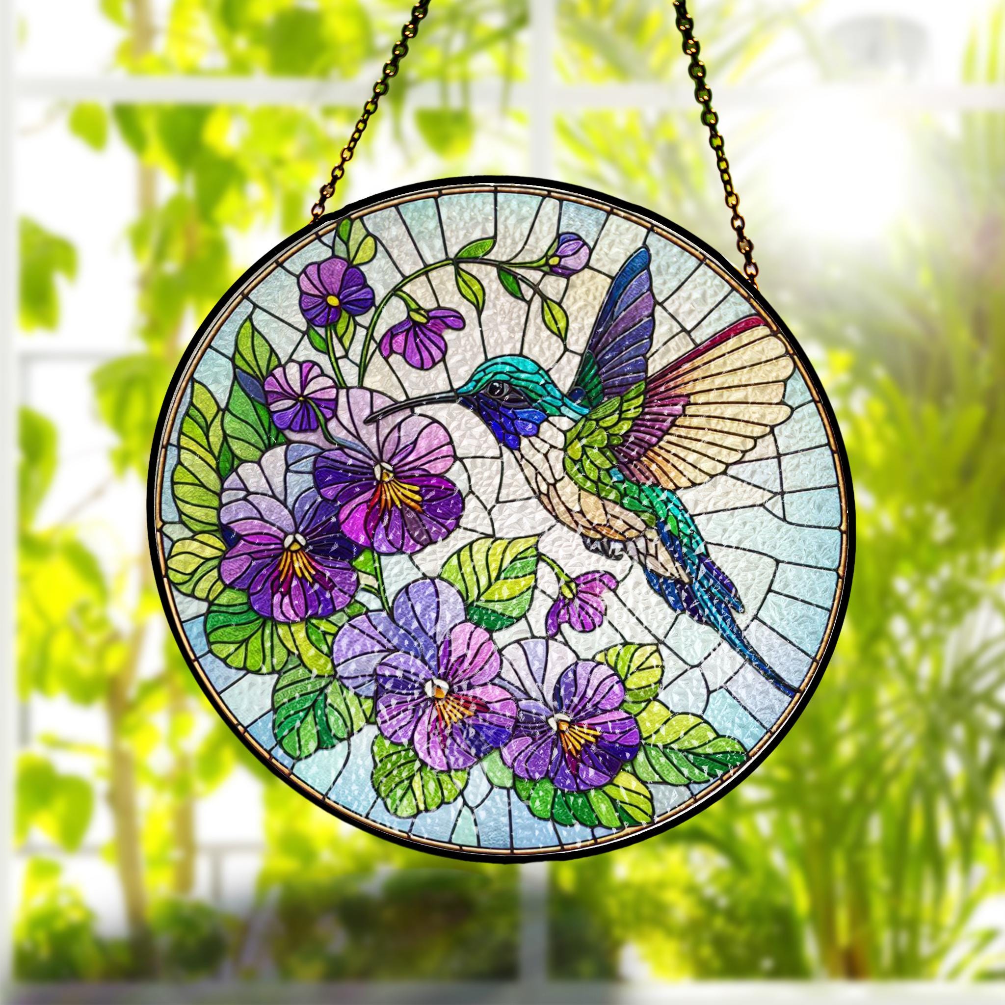 Violet and hummingbird GLASS Suncatcher, Nana Mom Birth month flower gift, Hummingbird suncatcher Mother's day gift 2025