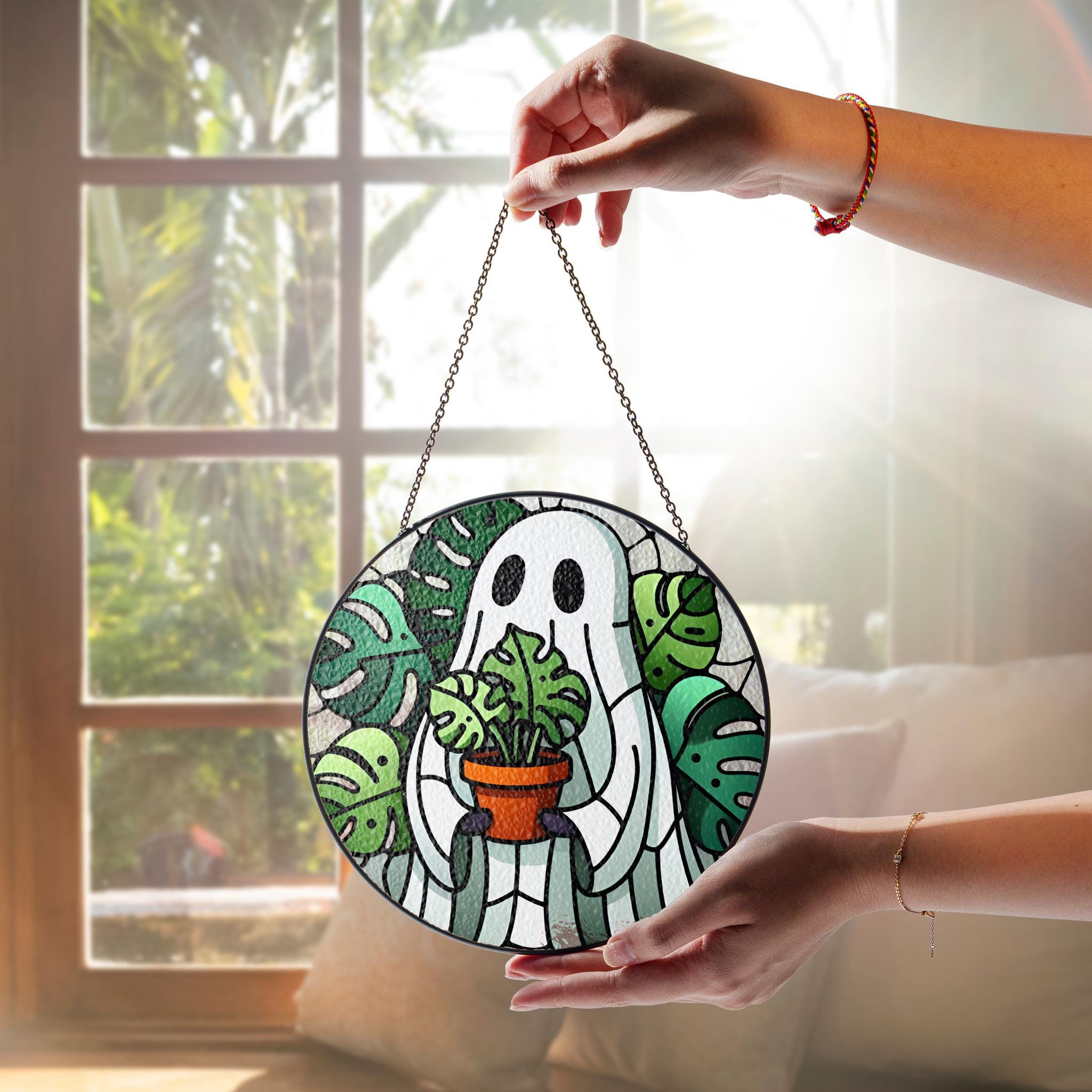 Monstera leaves and ghost glass suncatcher, whimsical home decor for plant lovers, perfect Mom of plant gift, unique gardening decor