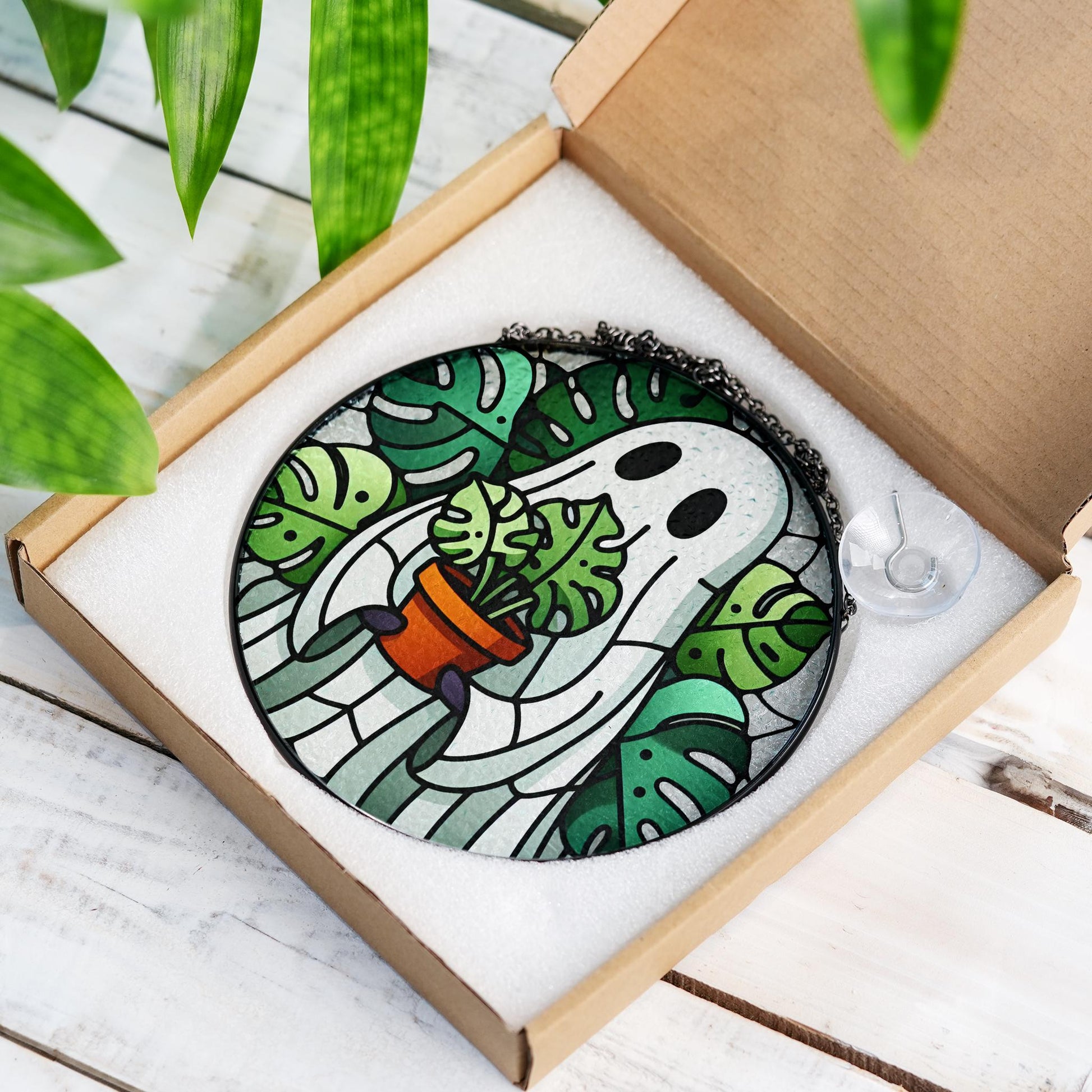 Monstera leaves and ghost glass suncatcher, whimsical home decor for plant lovers, perfect Mom of plant gift, unique gardening decor