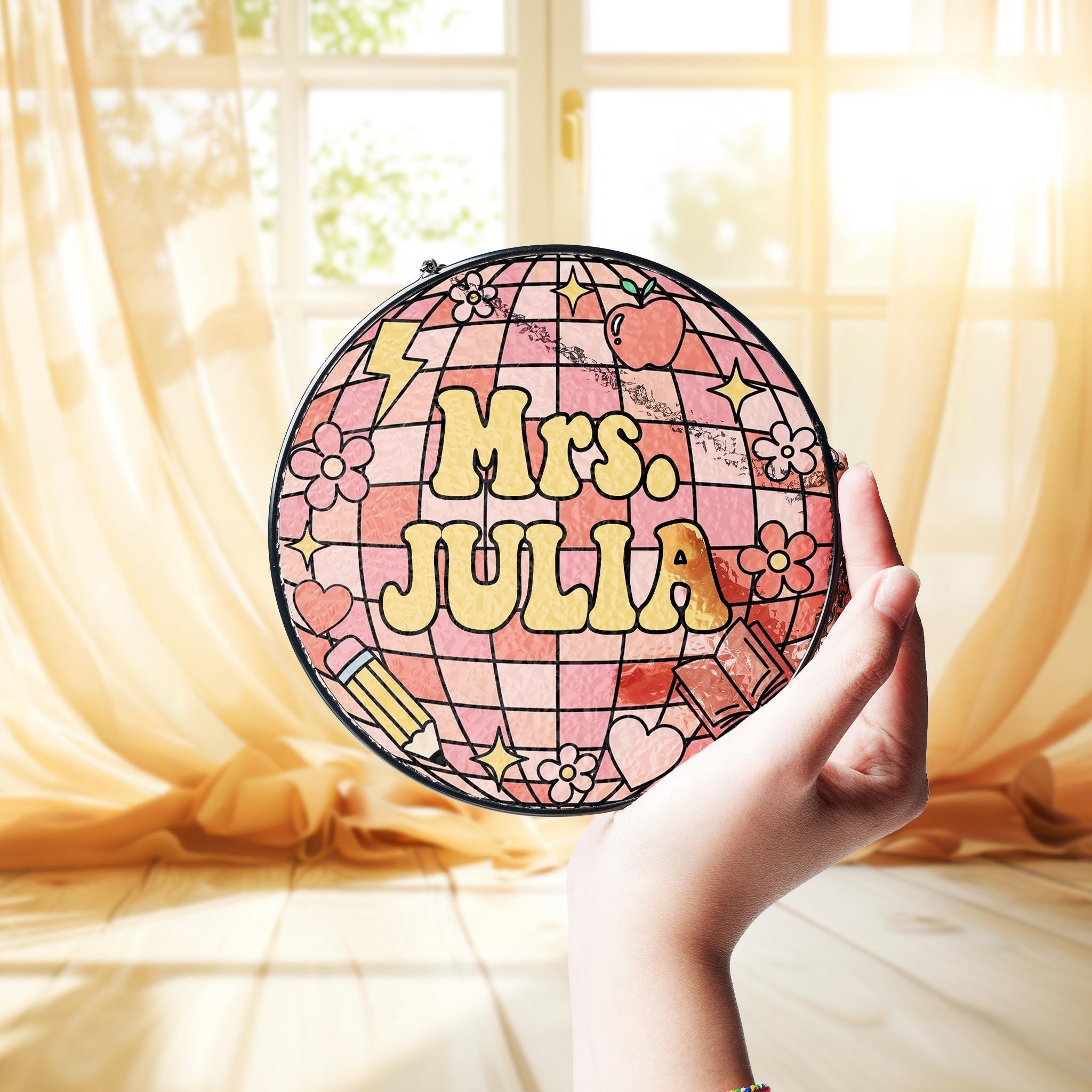 Custom Name Teacher Glass Suncatcher, Teacher Suncatcher, Gift for Teacher, Disco Ball Classroom Decor, Indoor Class